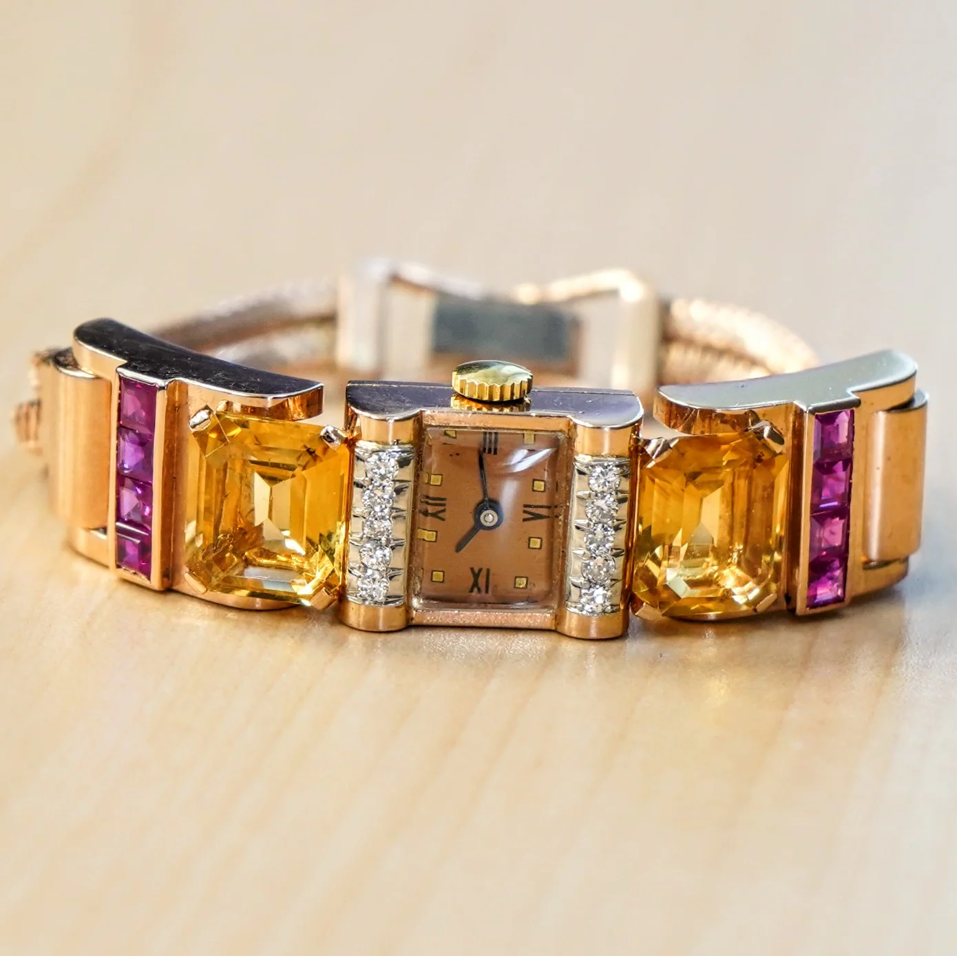 Art Deco Ladies' 14K Rose Gold Cocktail Watch Diamonds, Citrines, & Rubies Wristwatch by Pery - Image 5