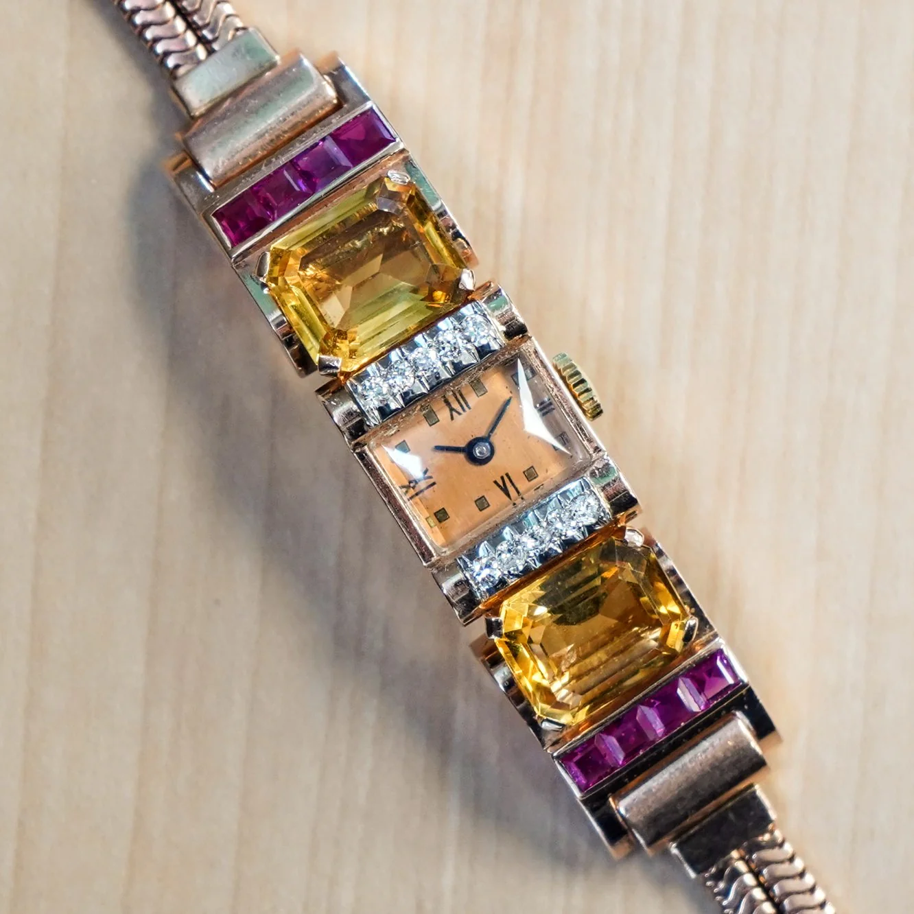 Art Deco Ladies' 14K Rose Gold Cocktail Watch Diamonds, Citrines, & Rubies Wristwatch by Pery - Image 7