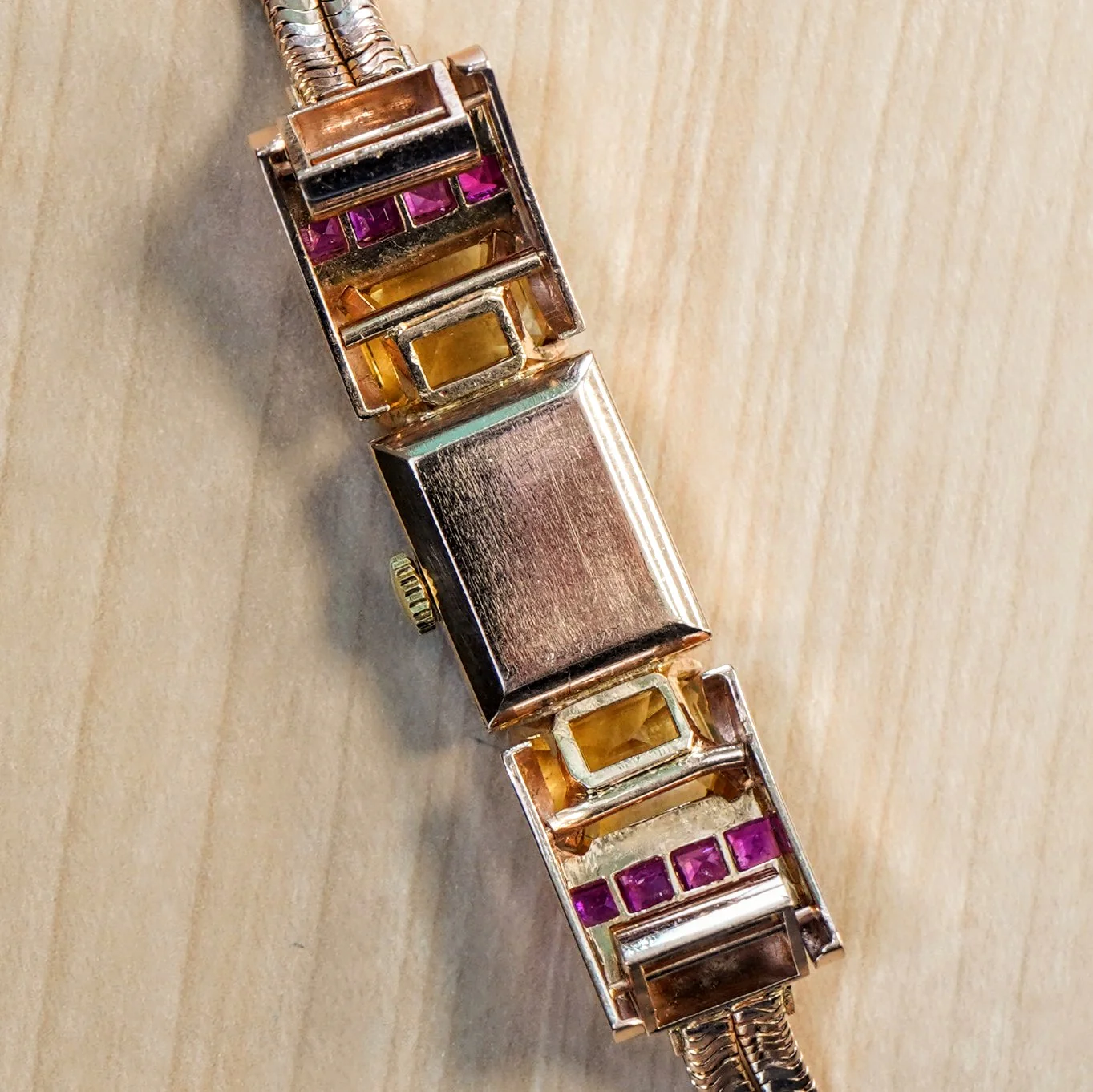 Art Deco Ladies' 14K Rose Gold Cocktail Watch Diamonds, Citrines, & Rubies Wristwatch by Pery - Image 8