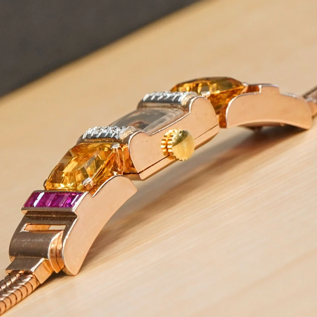 Art Deco Ladies' 14K Rose Gold Cocktail Watch Diamonds, Citrines, & Rubies Wristwatch by Pery - Image 9