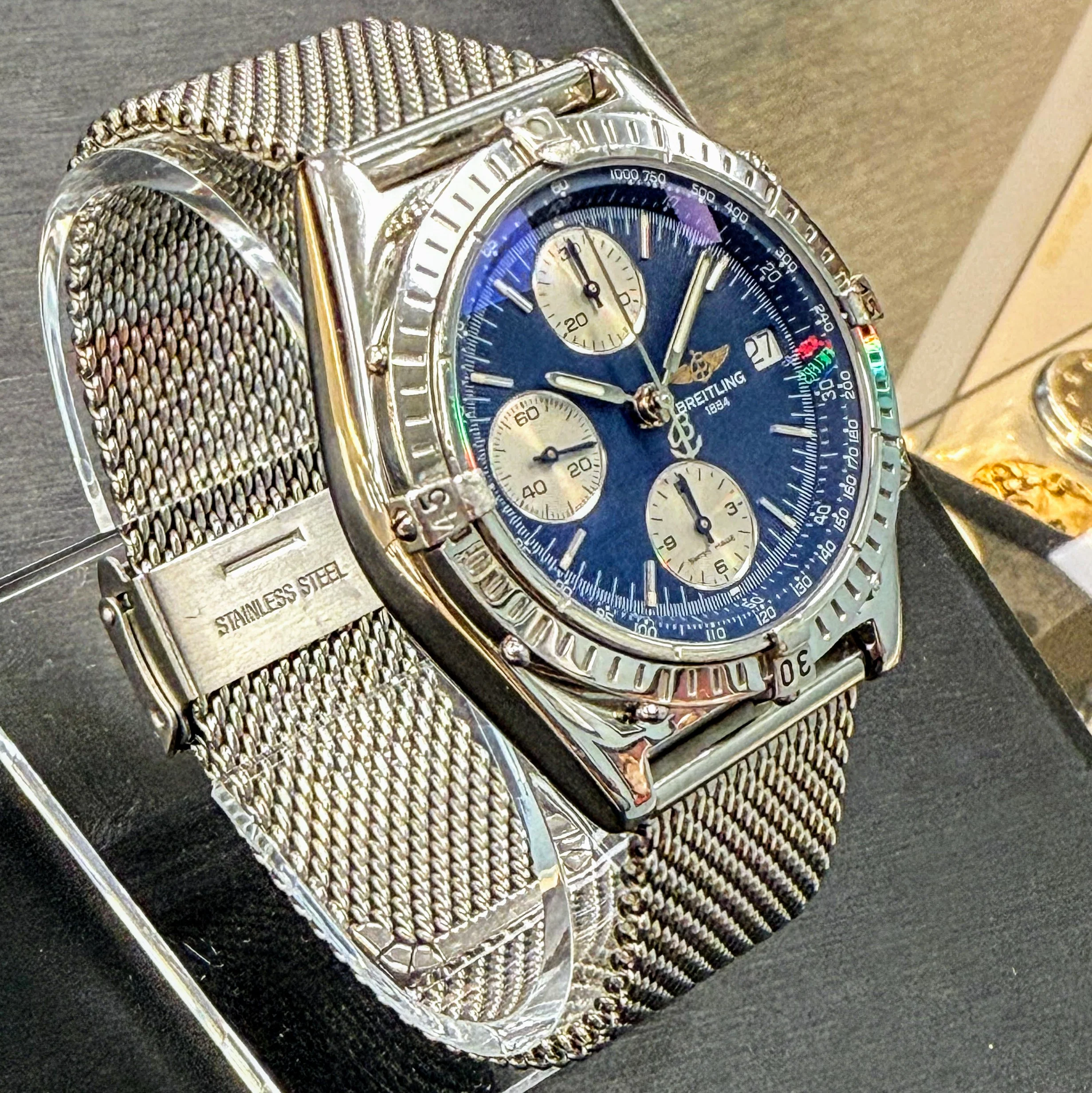 BREITLING Chronomat A13048 Automatic Chronograph Pilot’s Watch 40mm Blue Dial - Mesh Band - Image 3
