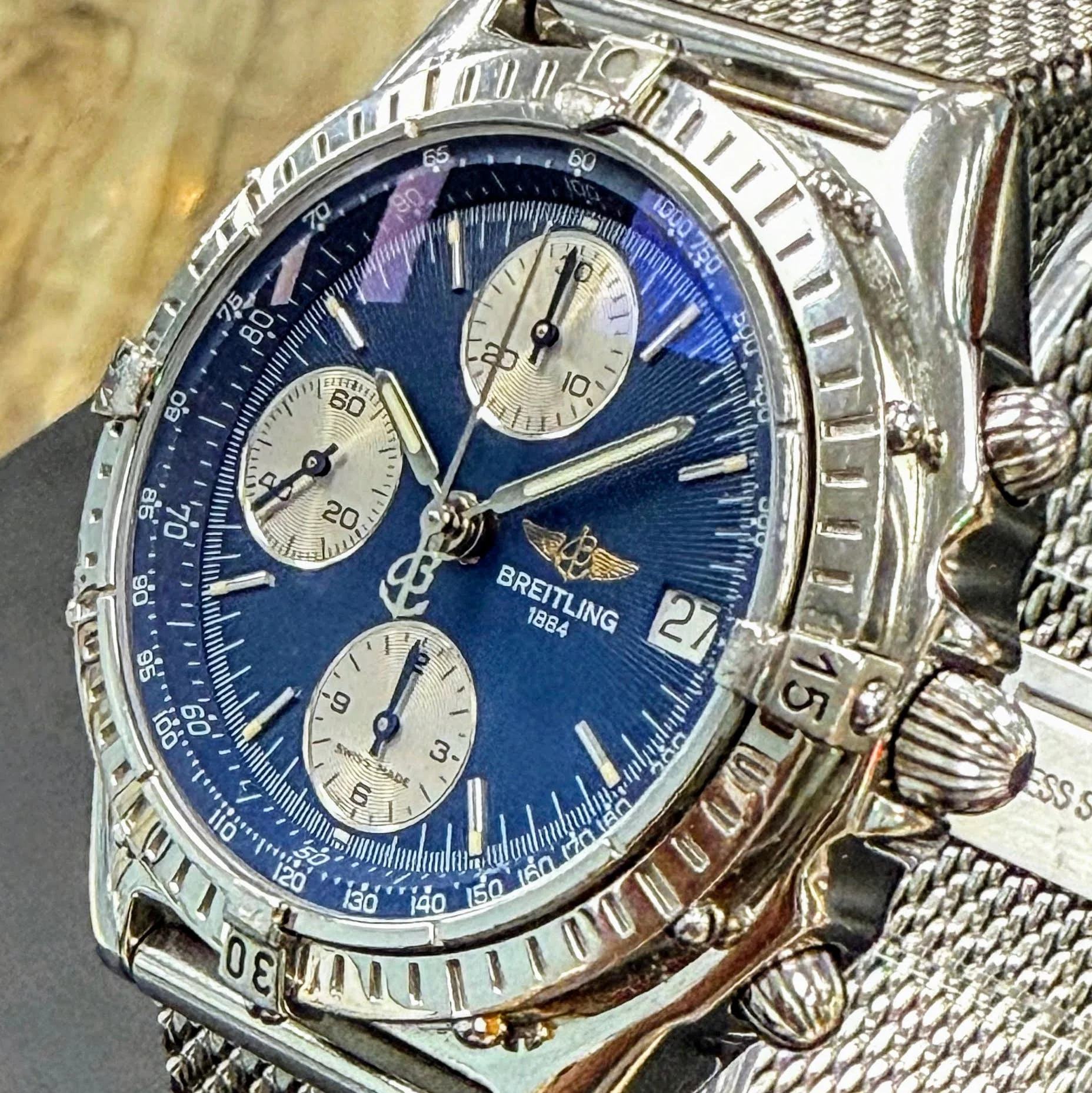BREITLING Chronomat A13048 Automatic Chronograph Pilot’s Watch 40mm Blue Dial - Mesh Band - Image 4