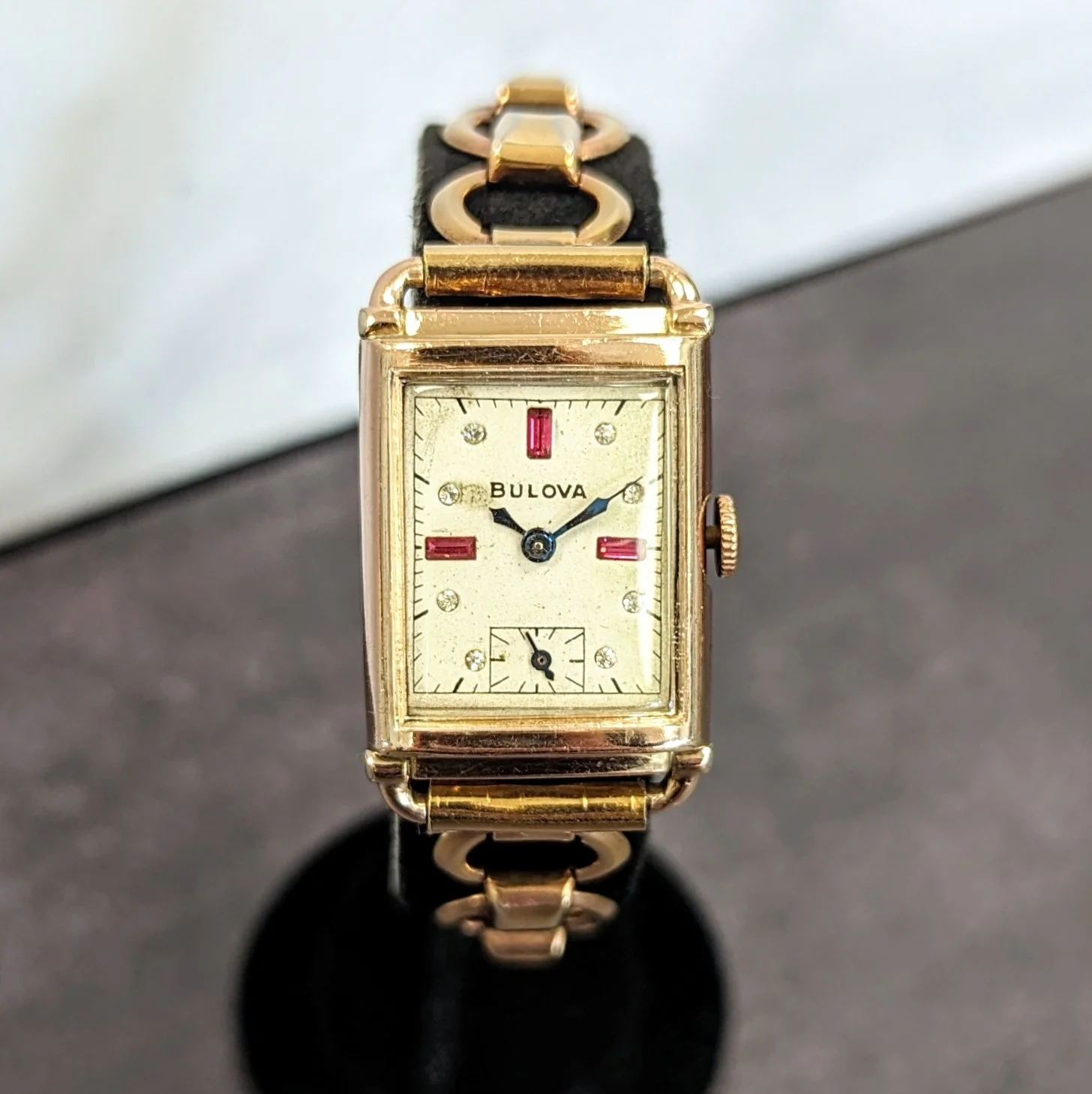 1945 BULOVA Watch 14K Rose Gold Tank Case & Bracelet - Diamond & Ruby Dial - Image 2