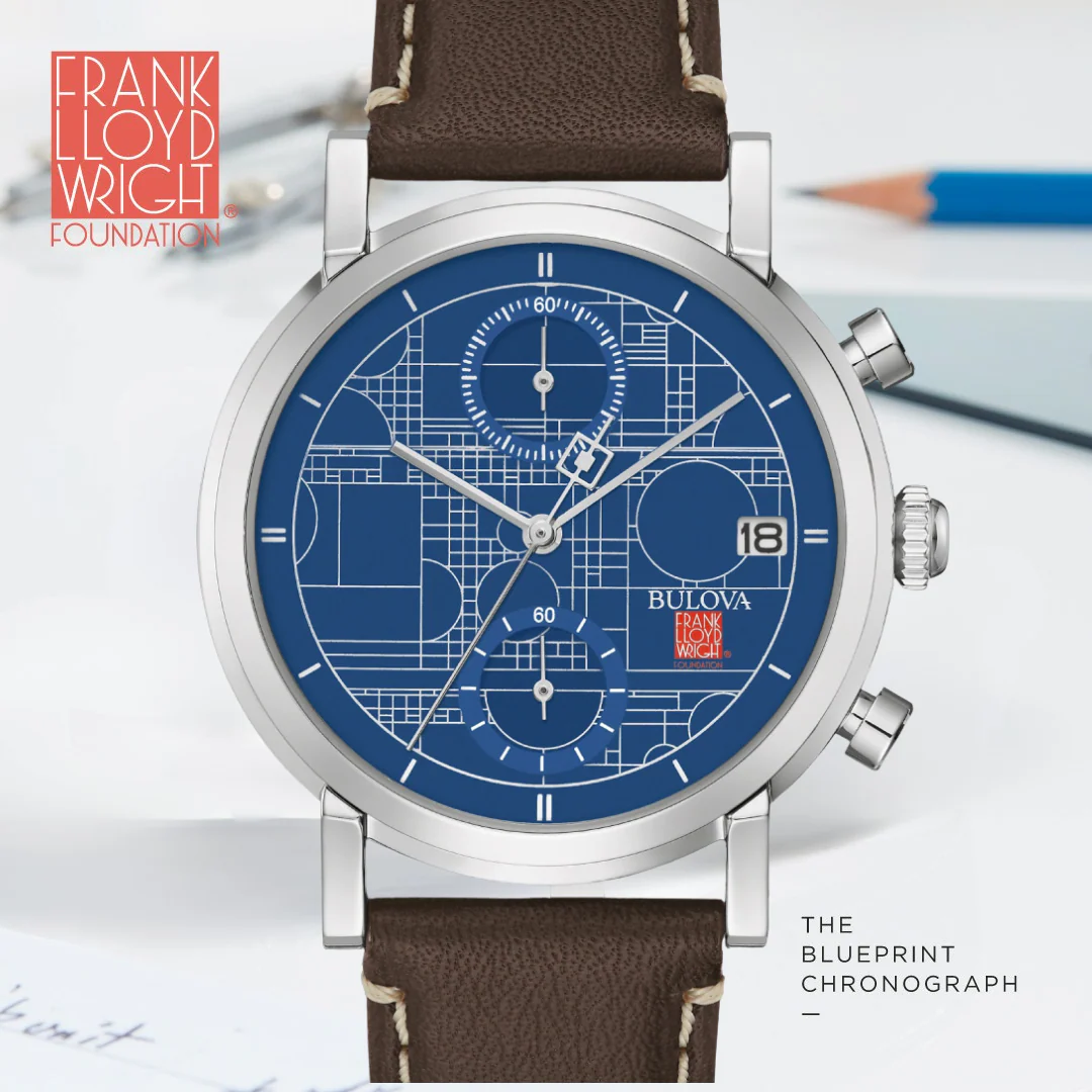 BULOVA Blueprint Chronograph Watch Frank Lloyd Wright Collection Coonley Playhouse Wristwatch Model 96B367