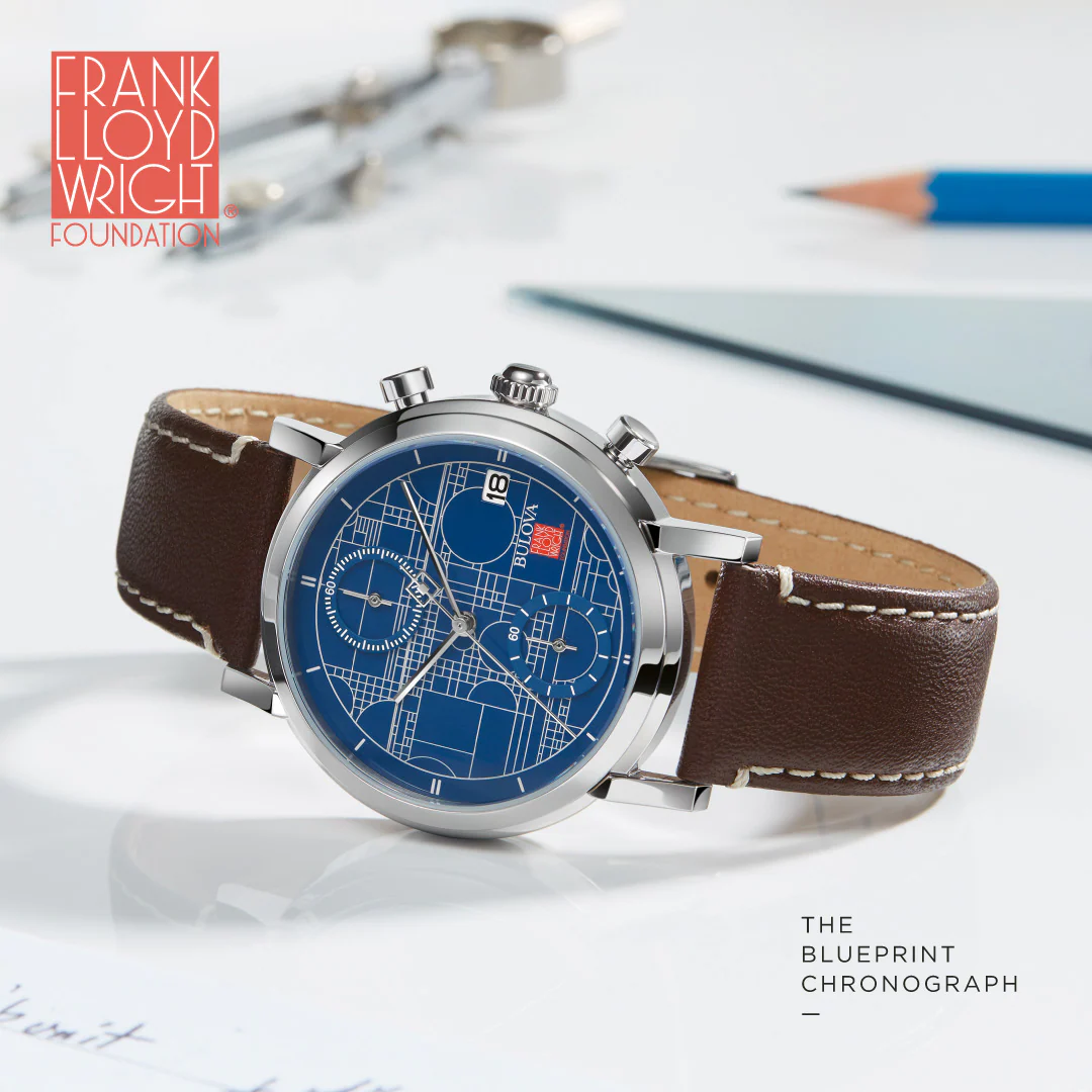 BULOVA Blueprint Chronograph Watch Frank Lloyd Wright Collection Coonley Playhouse Wristwatch Model 96B367 - Image 5