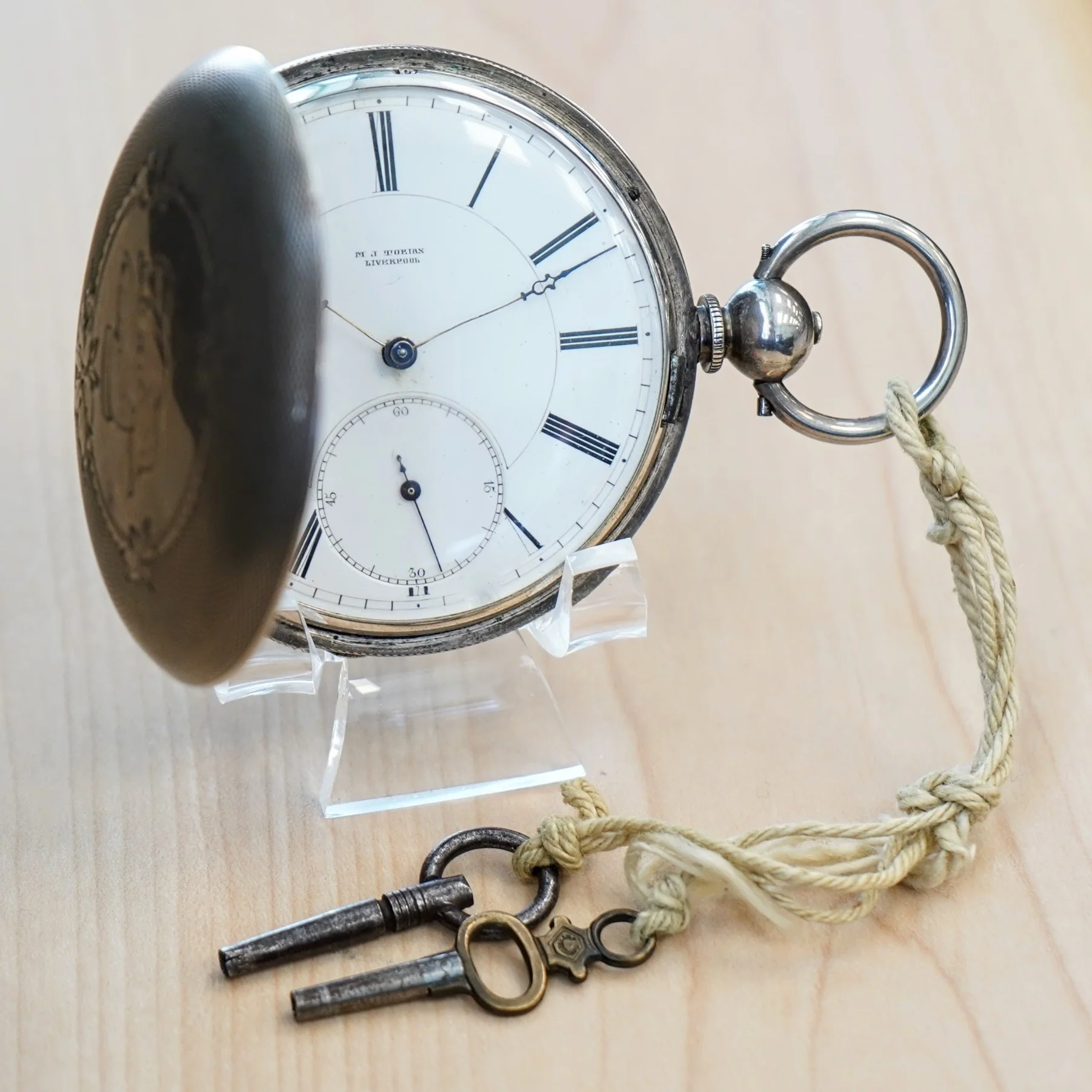 Circa 1860s M. J. TOBIAS Liverpool Pocket Watch Silver Hunter Case Key Wind Key Set England Made - Image 4