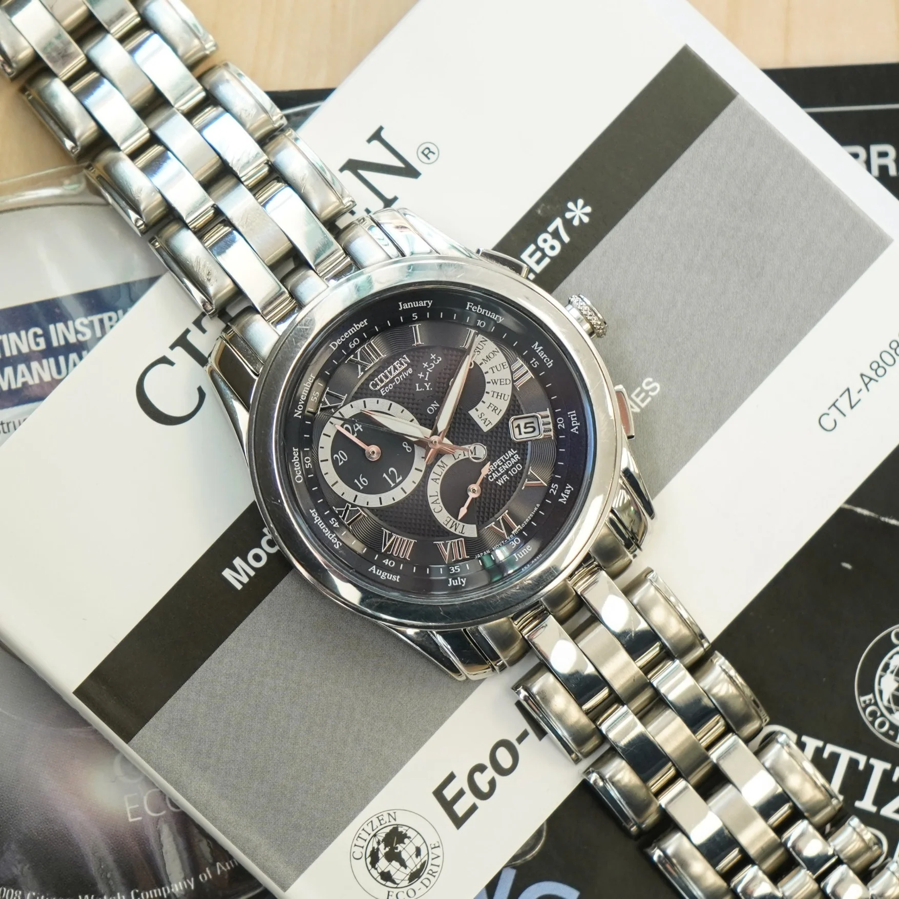 CITIZEN Eco-Drive Chandler Watch BL8004-53E Perpetual Calendar Wristwatch ALL S.S. - Boxes! - Image 11