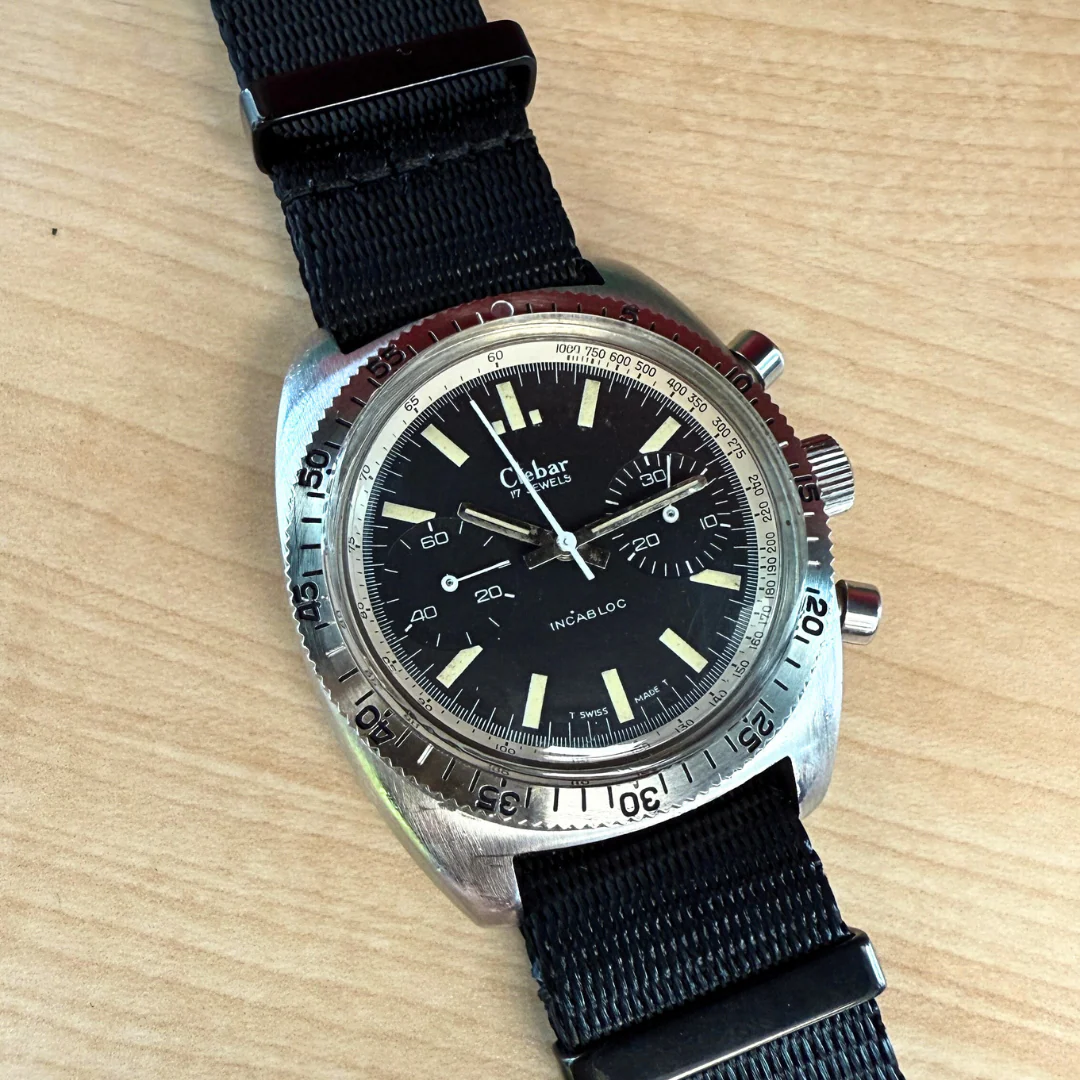 Vintage CLEBAR Chronograph Dive Watch Incabloc Valjoux 7733 17 Jewels 37mm S.S. Swiss Wristwatch - Image 13
