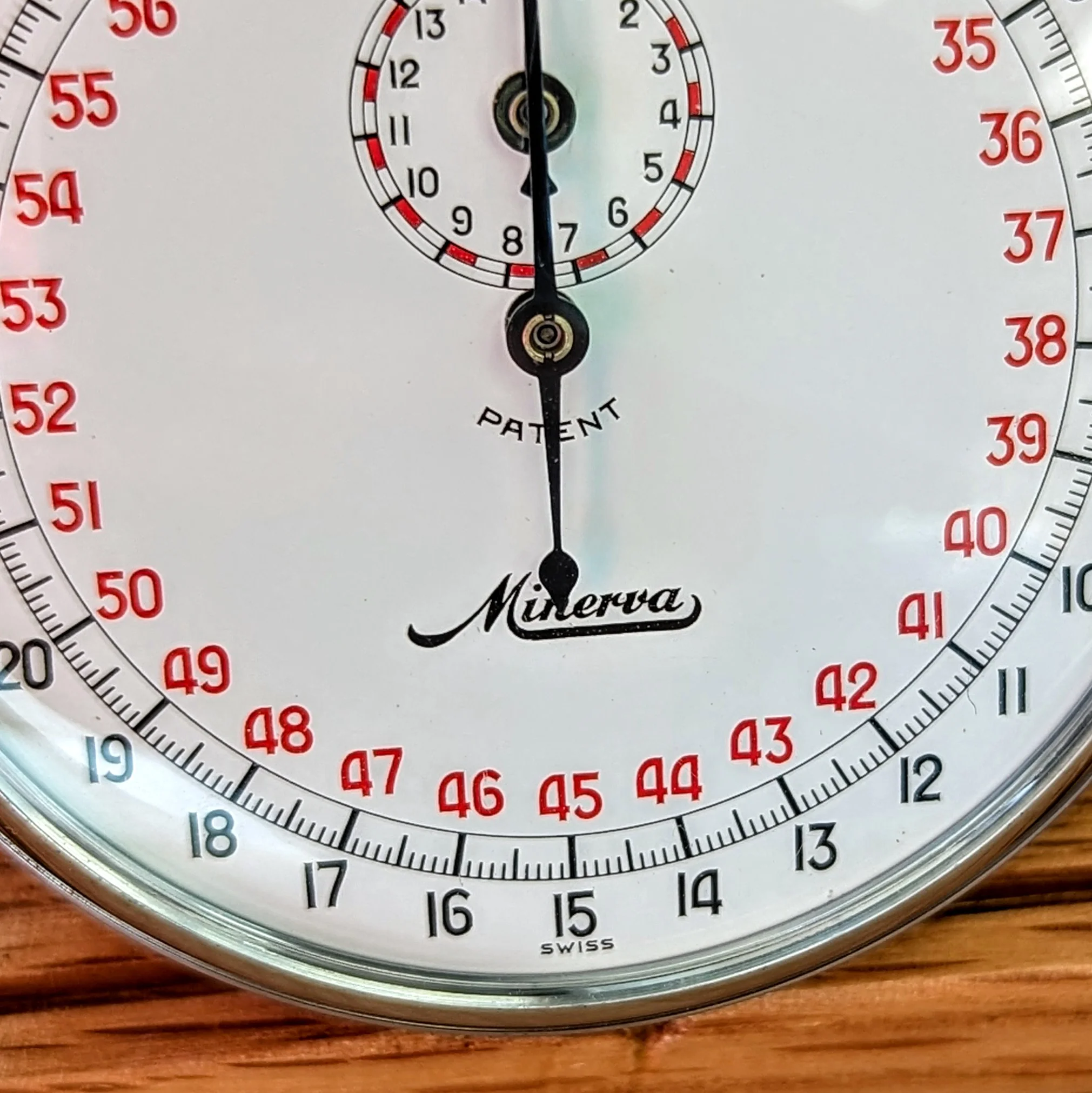 NOS MINERVA Patent Mechanical Stop Watch 7 Jewels Swiss Made 1/10 Sec - Original Box! - Image 7