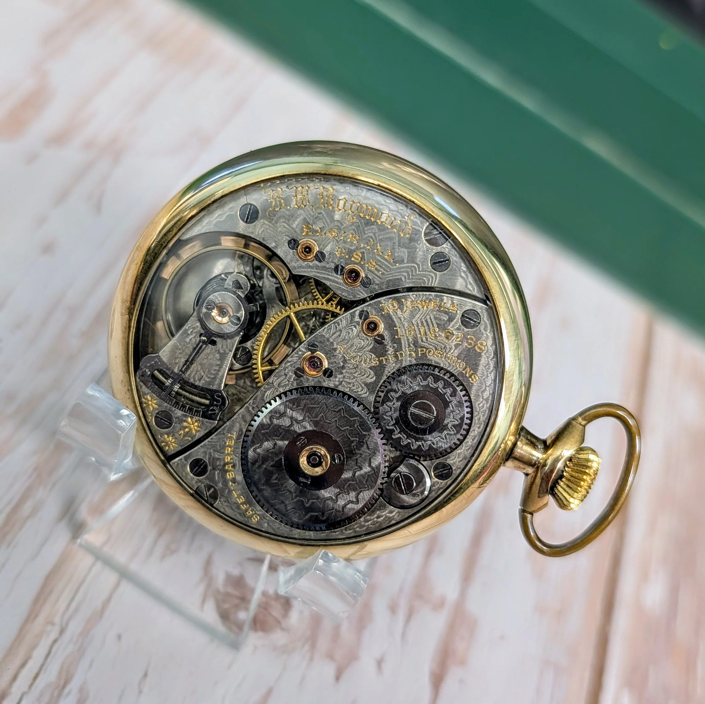 1912 Elgin B.W. Raymond Pocket Watch Grade 371 Openface 16s 19J Display Back - Image 3