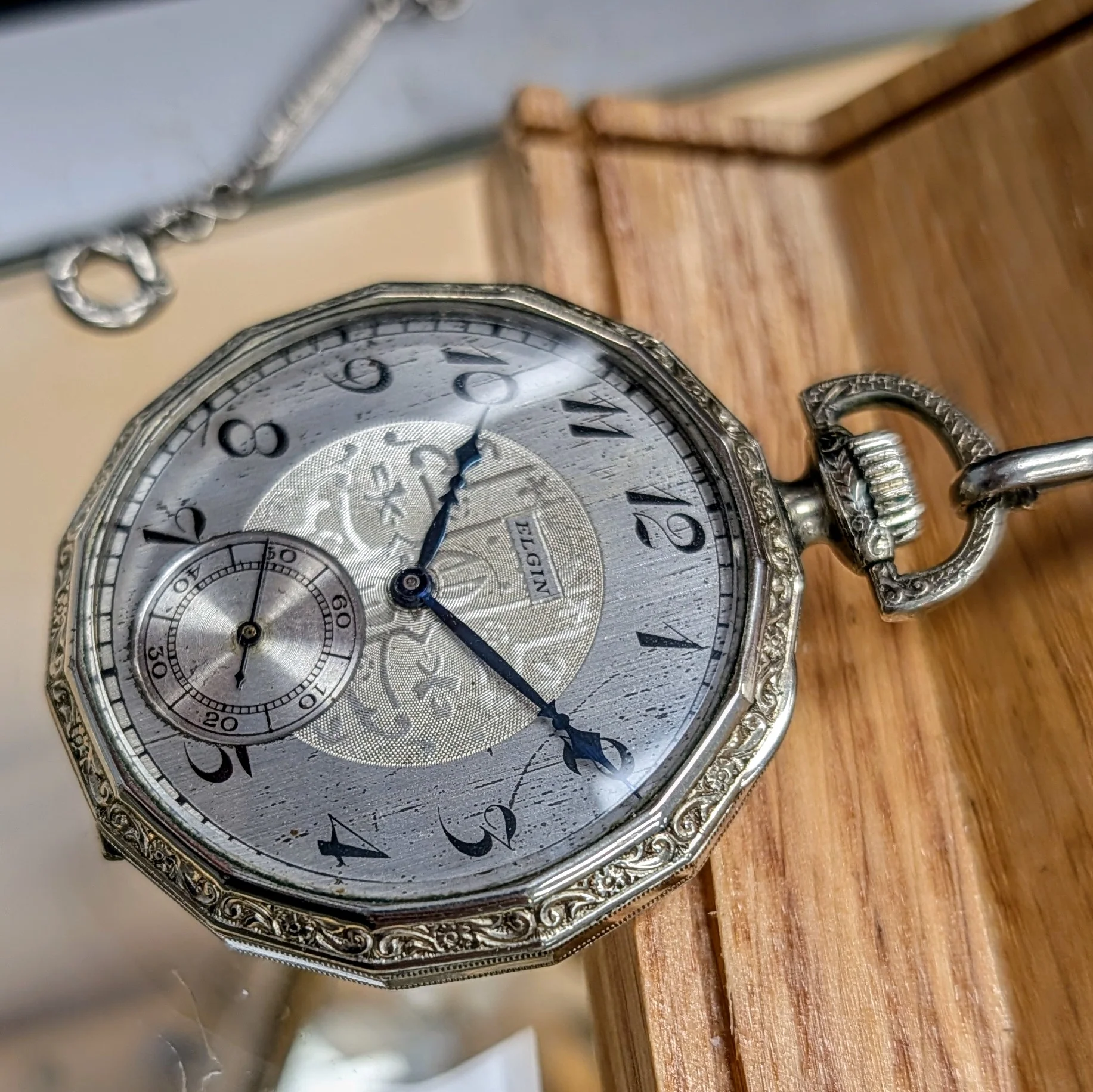 1925 Elgin Dress Pocket Watch – Grade 345 12s 17 Jewels Dodecagonal Case W/Chain - Image 15