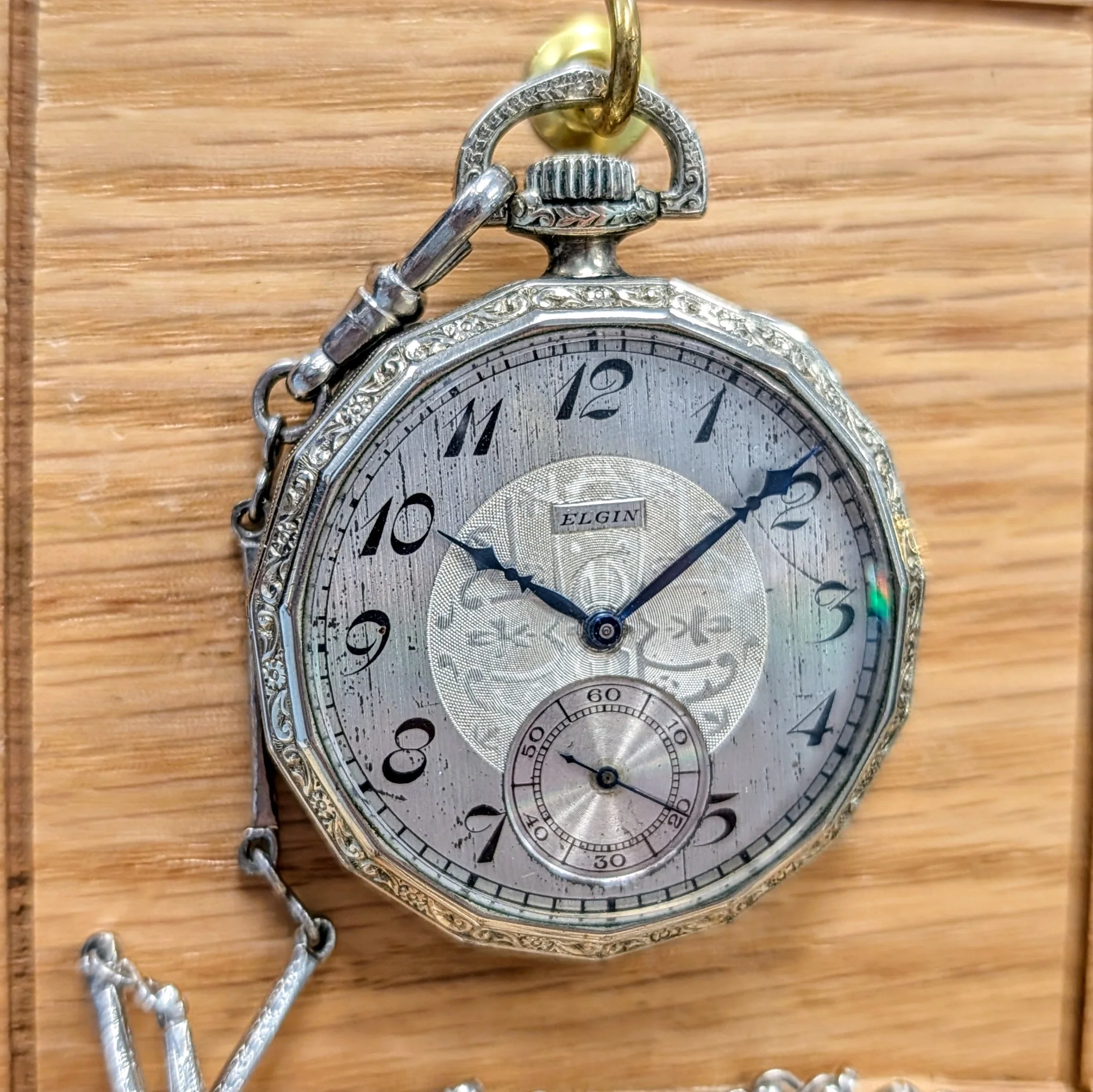 1925 Elgin Dress Pocket Watch – Grade 345 12s 17 Jewels Dodecagonal Case W/Chain - Image 4
