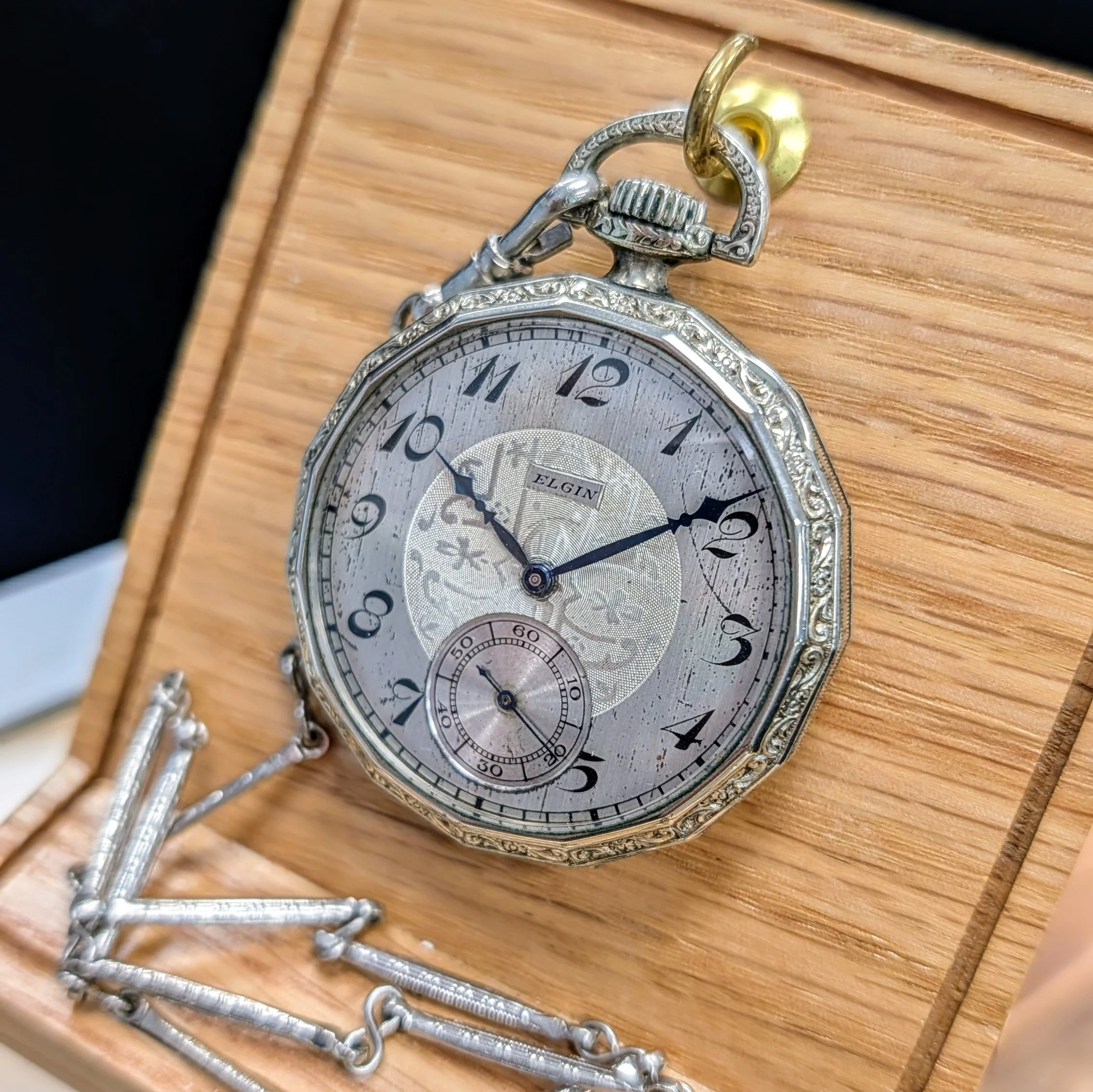 1925 Elgin Dress Pocket Watch – Grade 345 12s 17 Jewels Dodecagonal Case W/Chain - Image 5