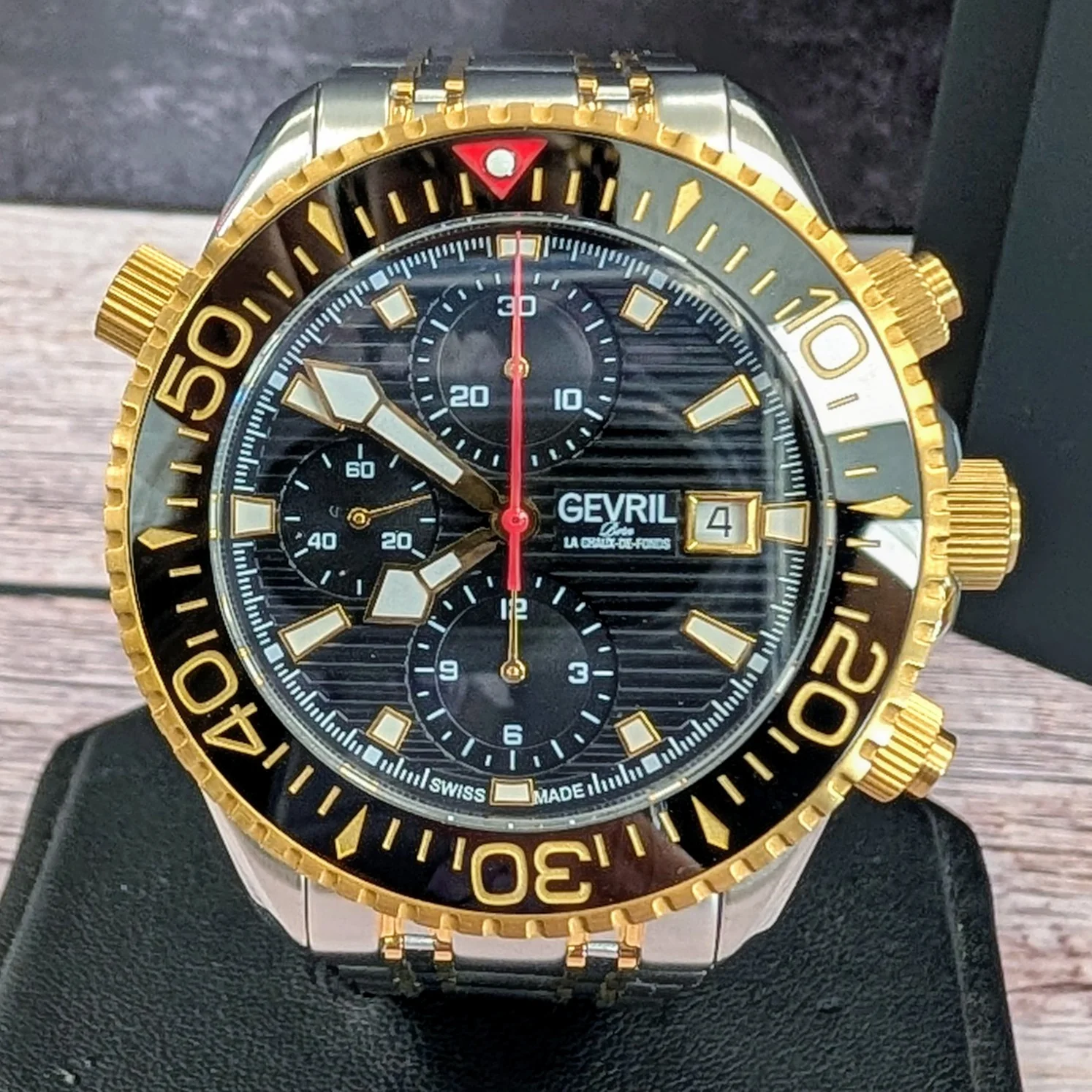 Gevril Hudson Yards Chronograph Diver Watch 48812B Black Dial 43mm Two-Tone S.S. - ALL Original 2-Box & Papers