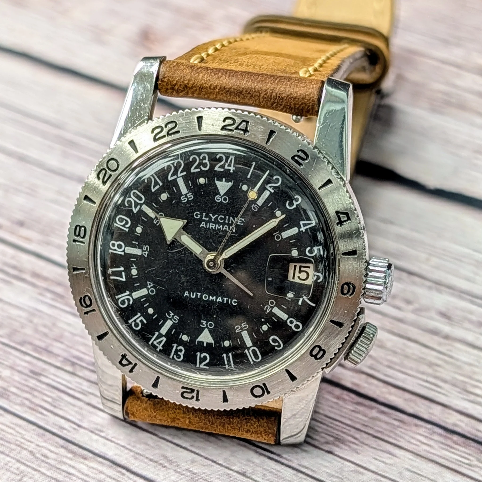 1960s Glycine Airman Automatic Watch 24-Hour Dial Date Swiss Wristwatch - Image 11