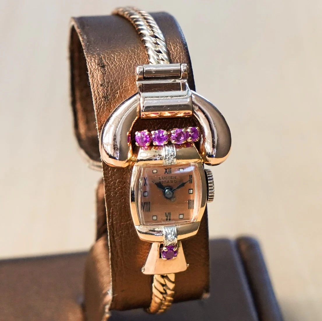LUCIEN PICCARD Art Deco Ladies' 14K Rose Gold Cocktail Watch – 'Telephone' Design Rubies & Diamonds Wristwatch - Image 15