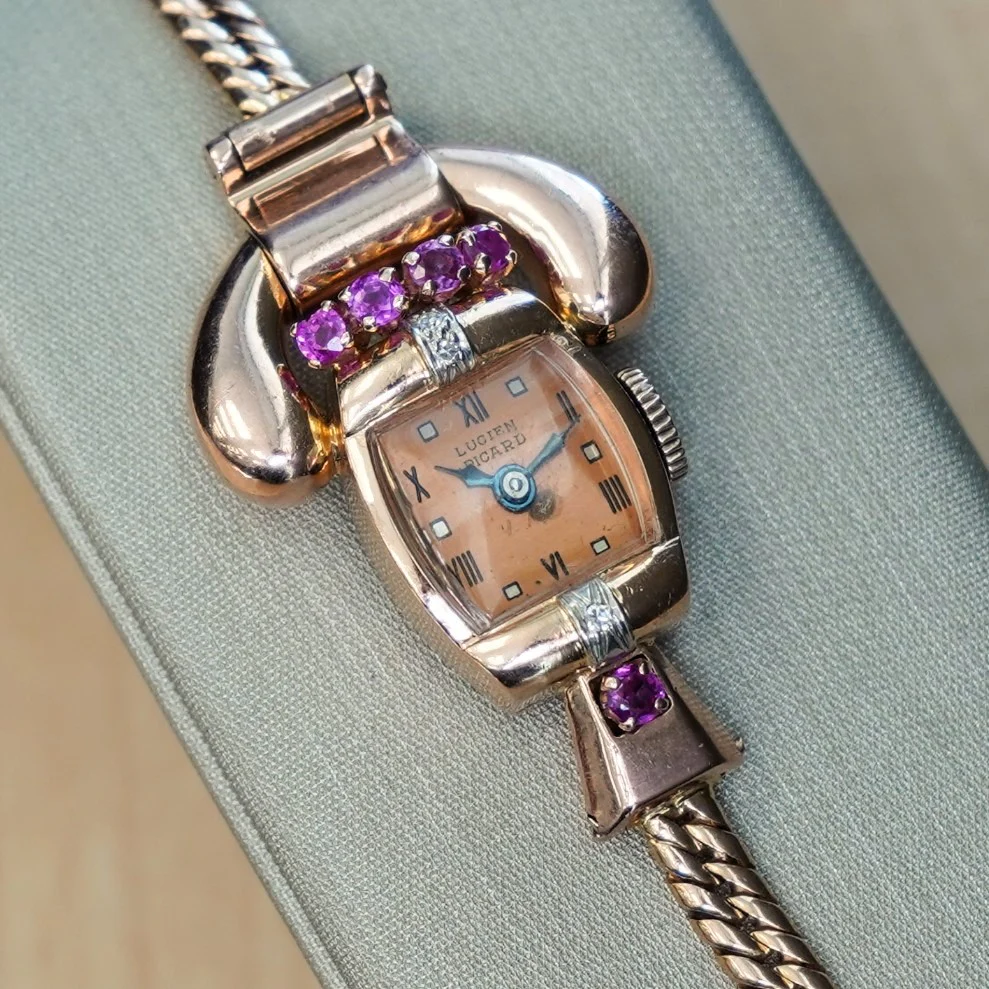 LUCIEN PICCARD Art Deco Ladies' 14K Rose Gold Cocktail Watch – 'Telephone' Design Rubies & Diamonds Wristwatch - Image 3