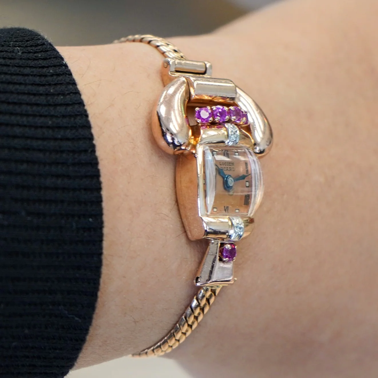 LUCIEN PICCARD Art Deco Ladies' 14K Rose Gold Cocktail Watch – 'Telephone' Design Rubies & Diamonds Wristwatch - Image 6