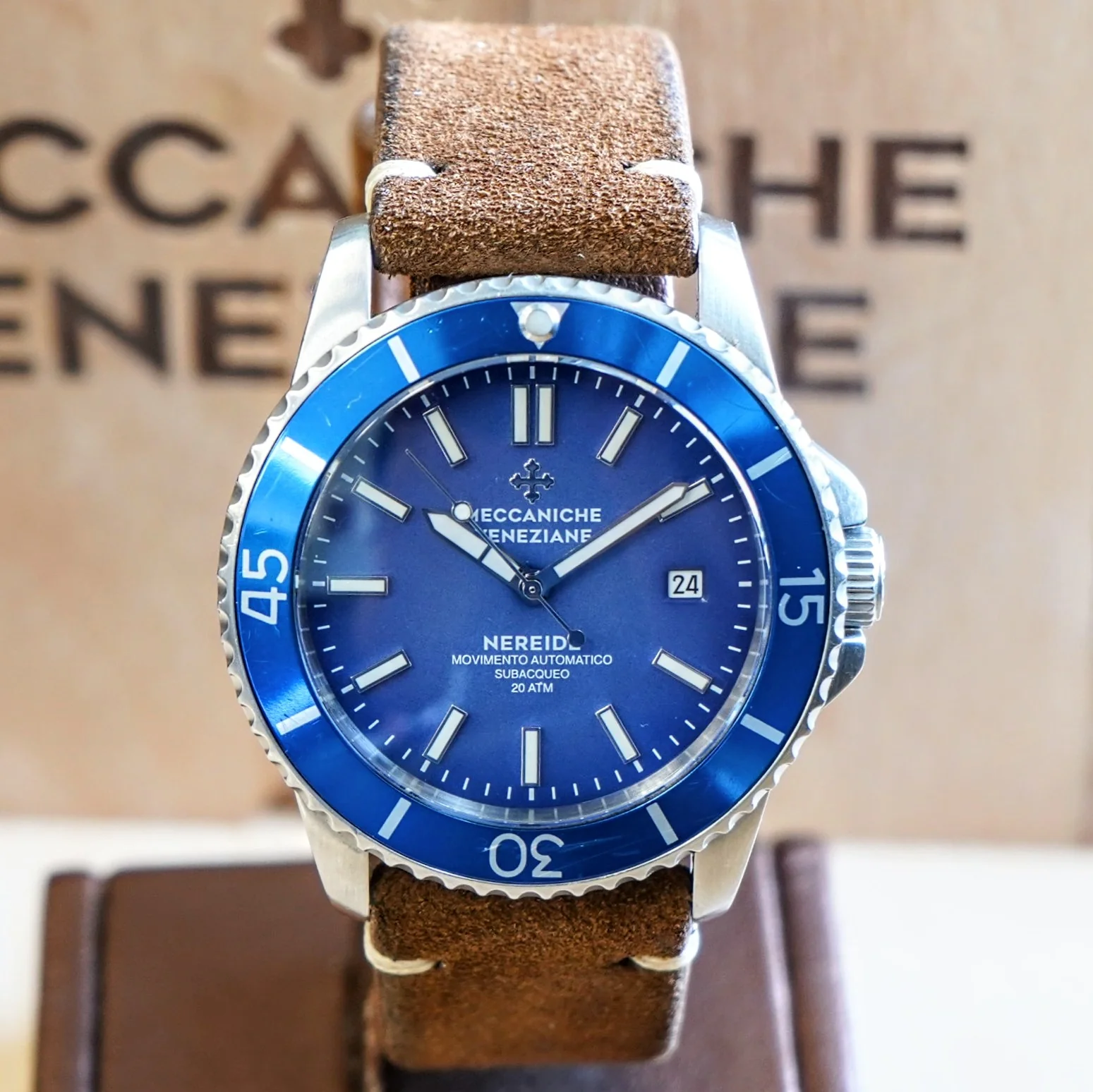 MECCANICHE VENEZIANE Nereide Automatic Watch Blue Dial & Bezel Date Diver Wristwatch - Outer Box & Papers - Image 3