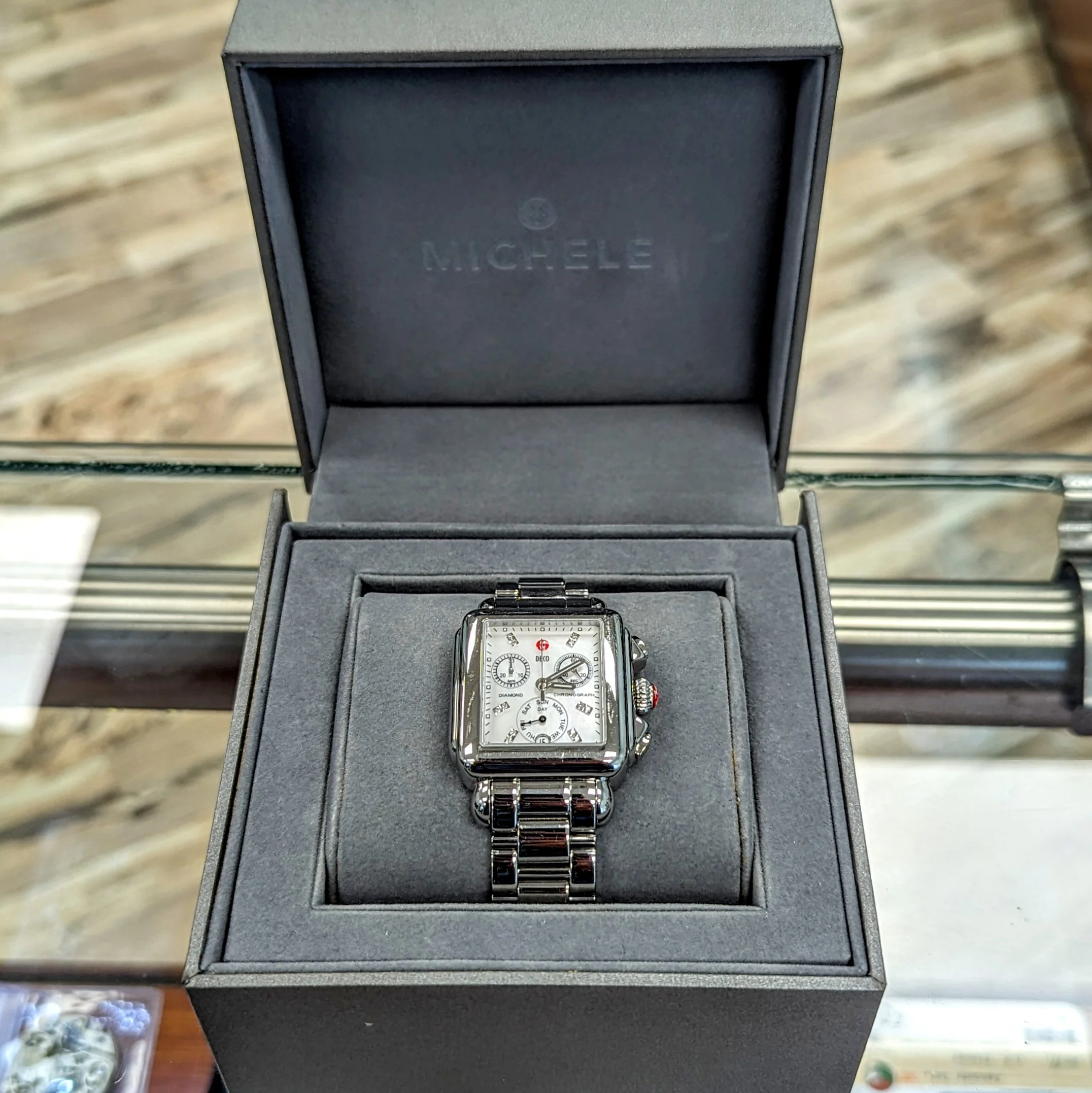 MICHELE Deco Diamond Chronograph Watch MOP Dial Ref. MW06P00A0046 - ALL Original in Box! - Image 12