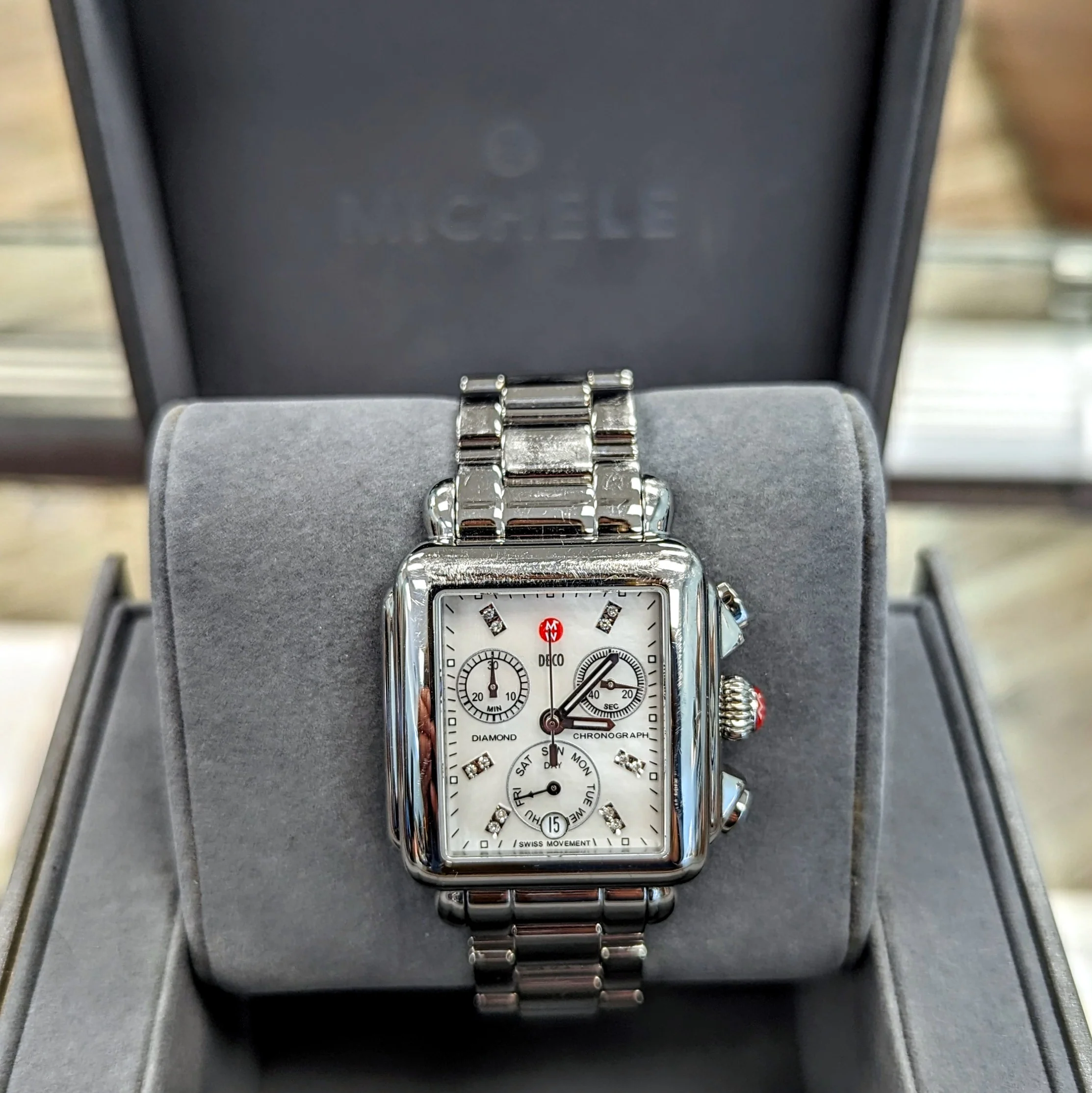 MICHELE Deco Diamond Chronograph Watch MOP Dial Ref. MW06P00A0046 - ALL Original in Box! - Image 2