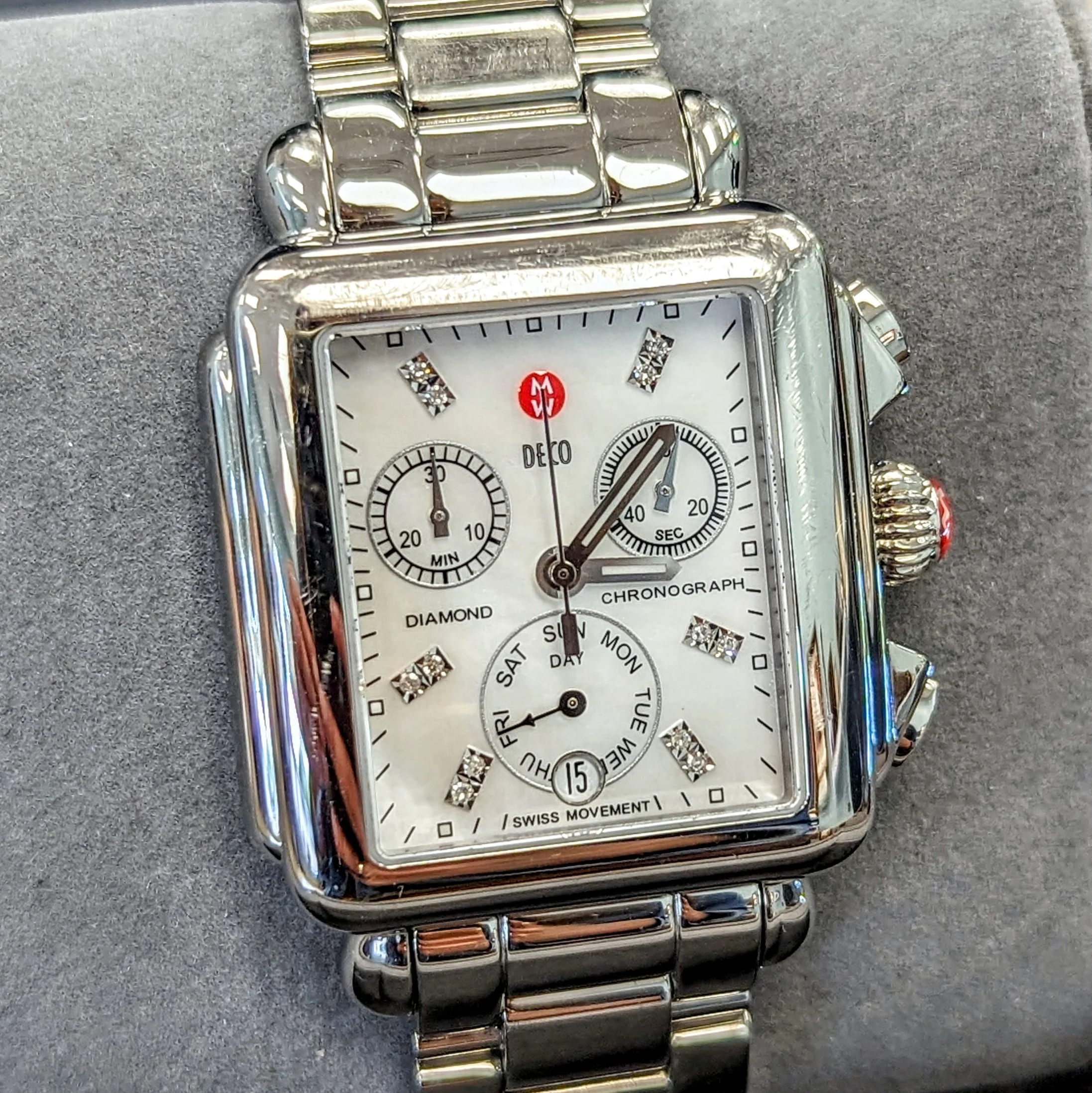 MICHELE Deco Diamond Chronograph Watch MOP Dial Ref. MW06P00A0046 - ALL Original in Box! - Image 3