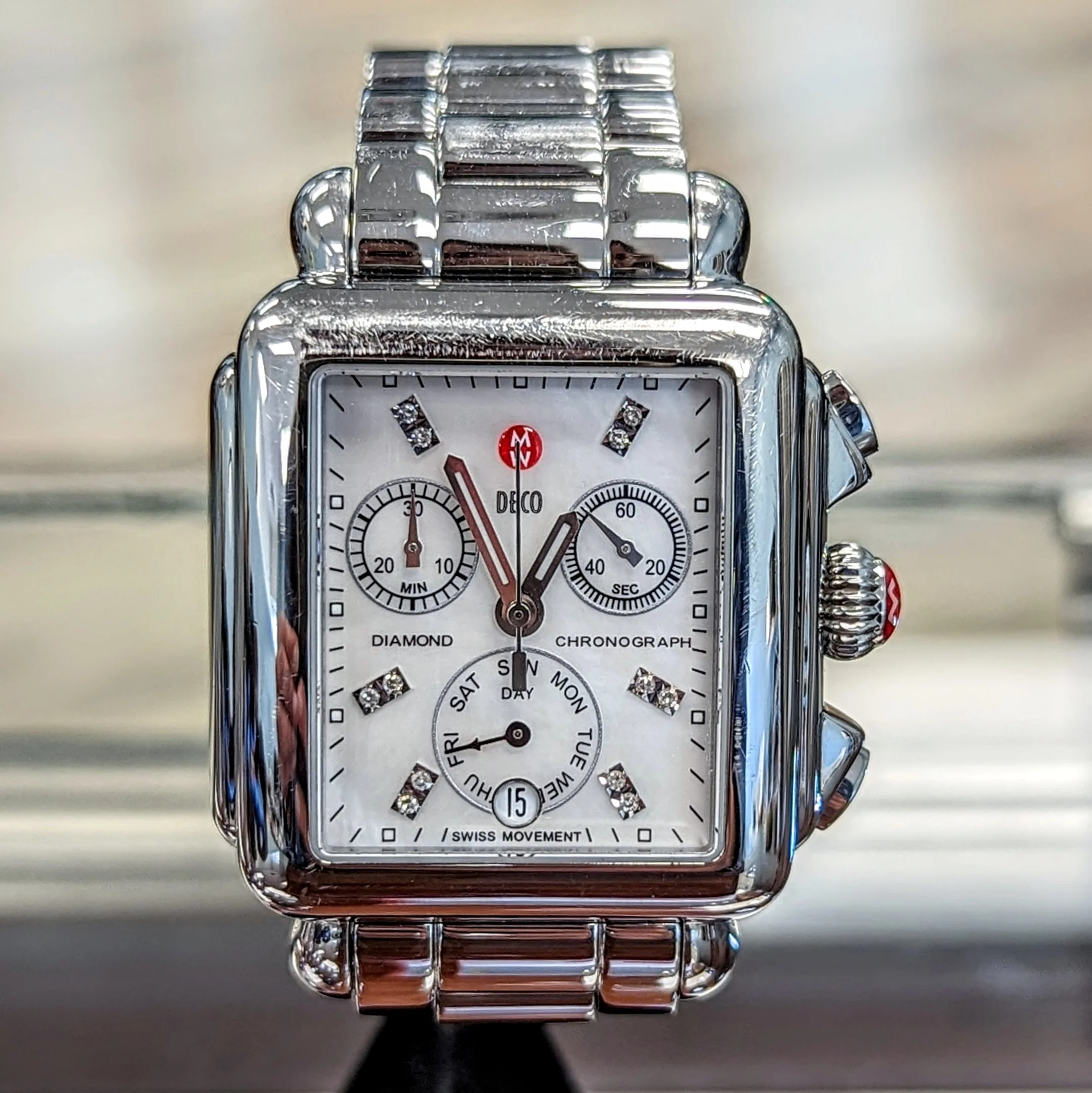 MICHELE Deco Diamond Chronograph Watch MOP Dial Ref. MW06P00A0046 - ALL Original in Box! - Image 4