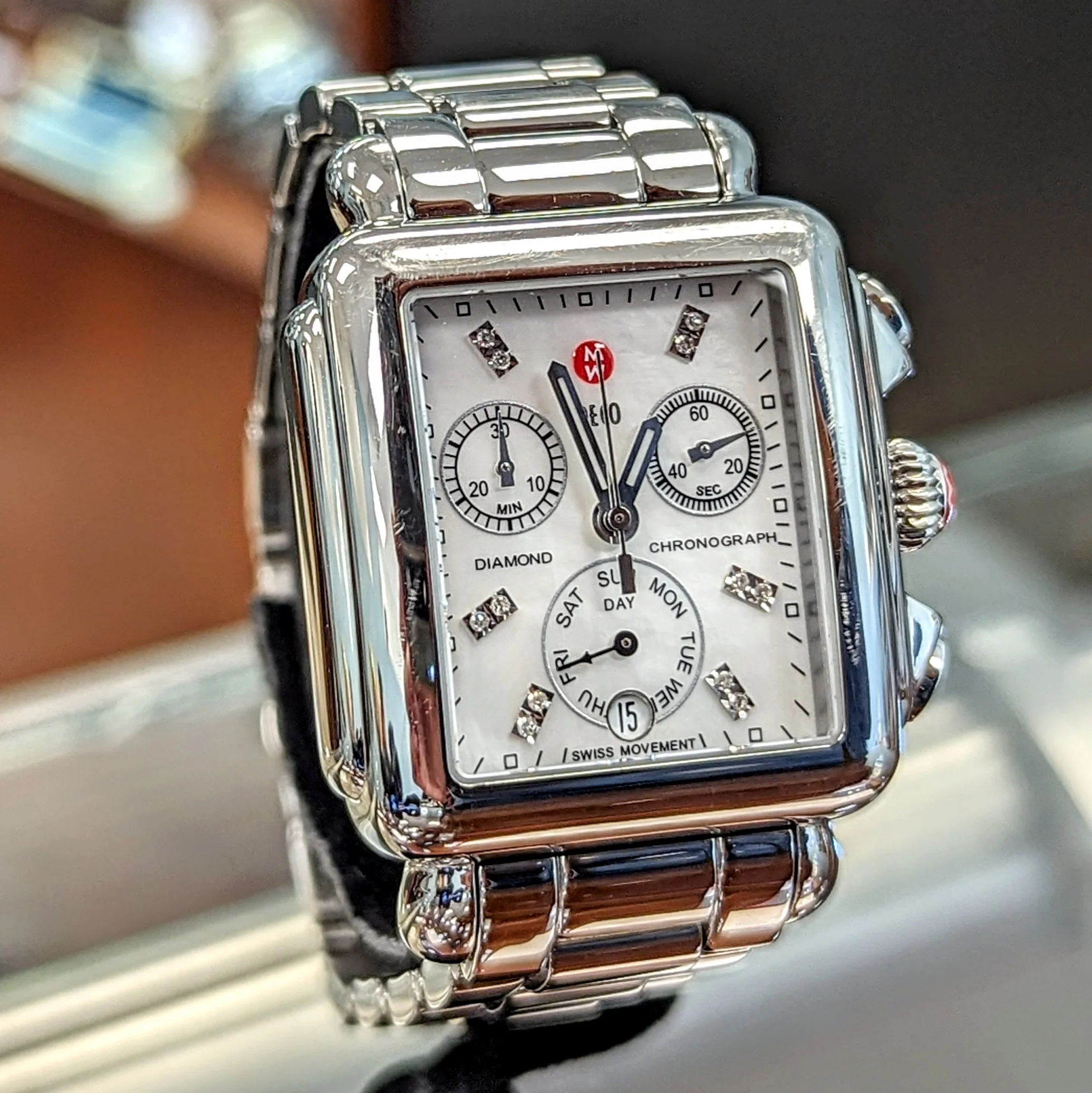 MICHELE Deco Diamond Chronograph Watch MOP Dial Ref. MW06P00A0046 - ALL Original in Box! - Image 5