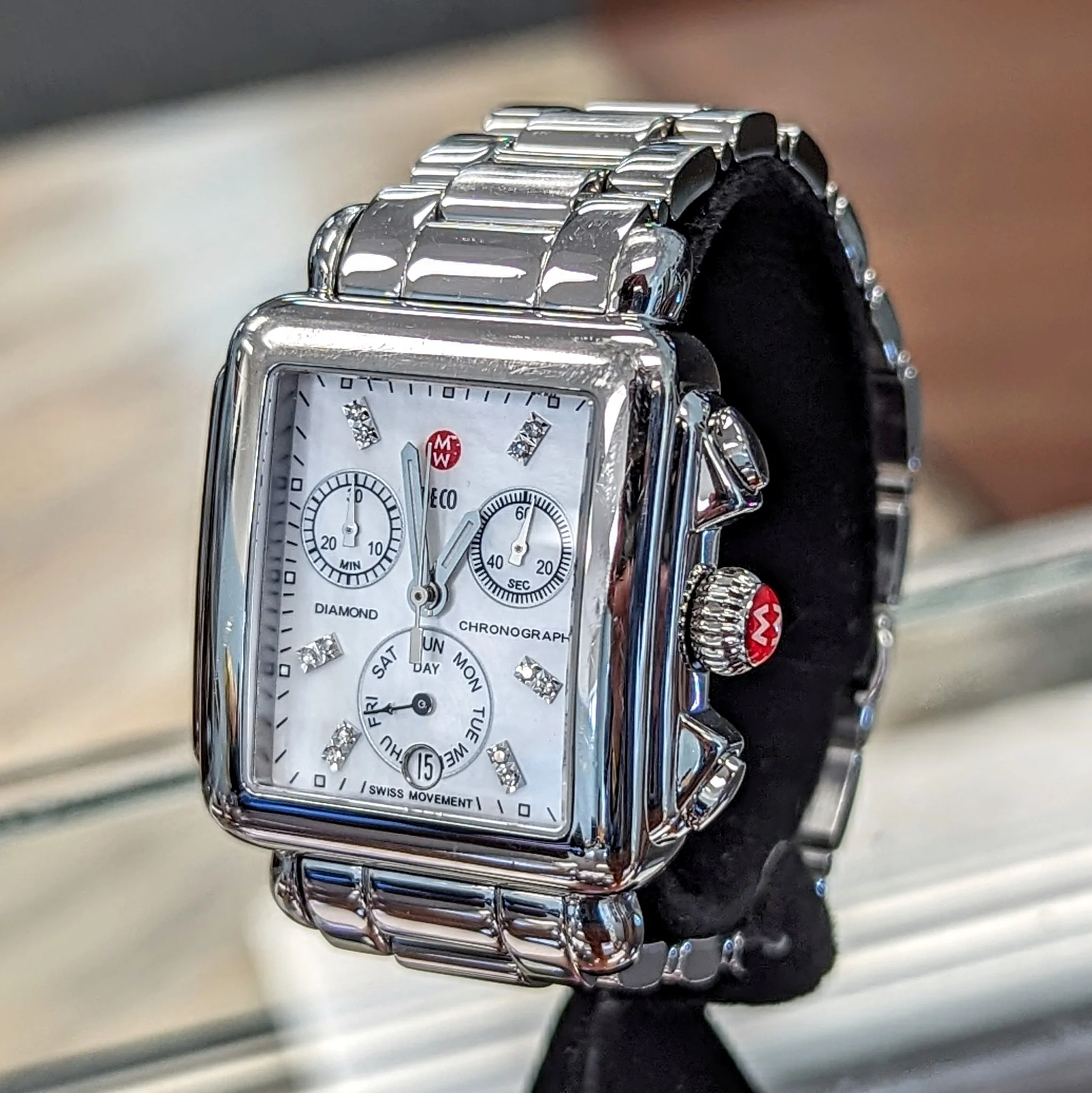 MICHELE Deco Diamond Chronograph Watch MOP Dial Ref. MW06P00A0046 - ALL Original in Box! - Image 6