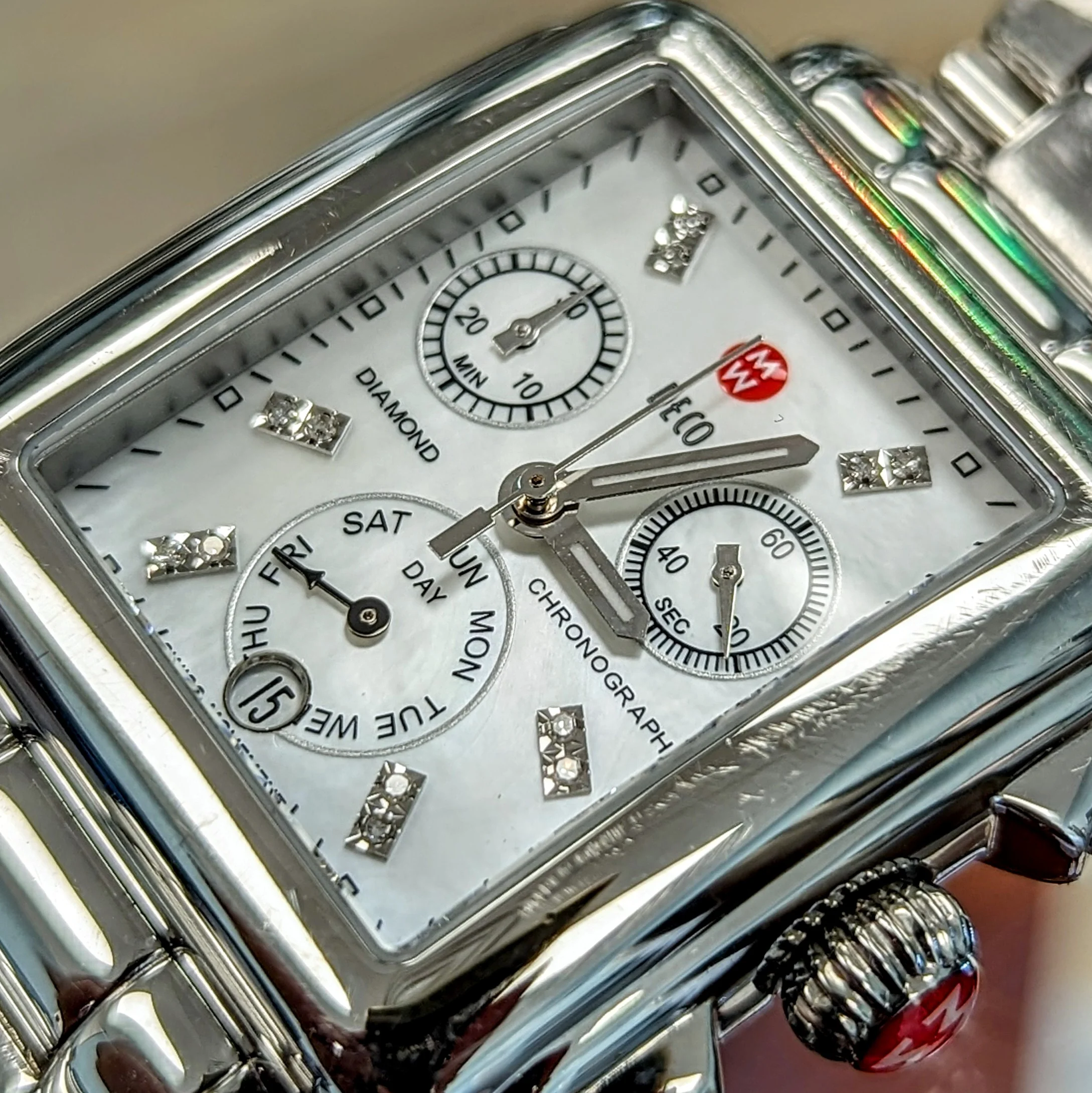 MICHELE Deco Diamond Chronograph Watch MOP Dial Ref. MW06P00A0046 - ALL Original in Box! - Image 8