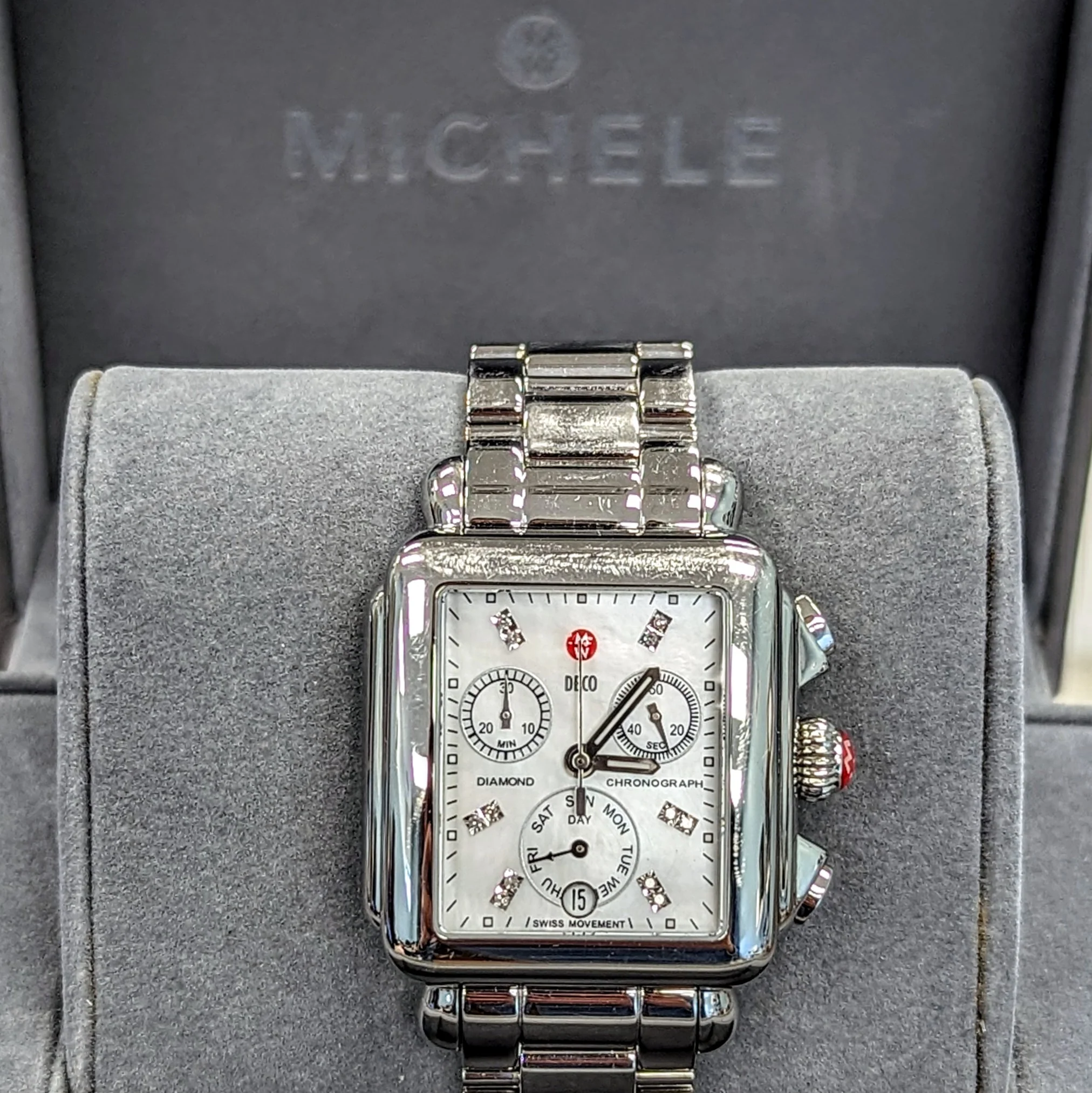 MICHELE Deco Diamond Chronograph Watch MOP Dial Ref. MW06P00A0046 - ALL Original in Box! - Image 9