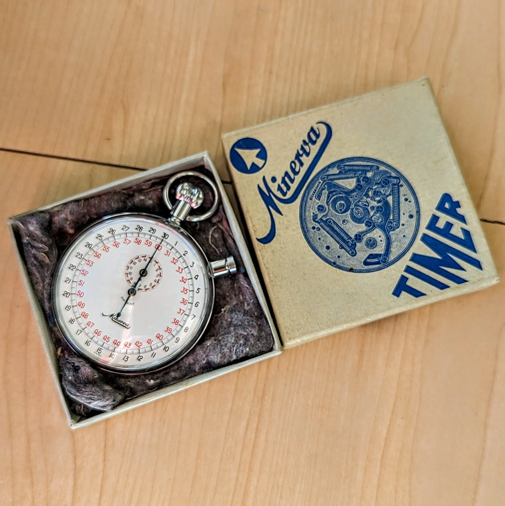 NOS MINERVA Patent Mechanical Stop Watch 1/10 Sec Swiss Made 7 Jewels - Original Box! - Image 14