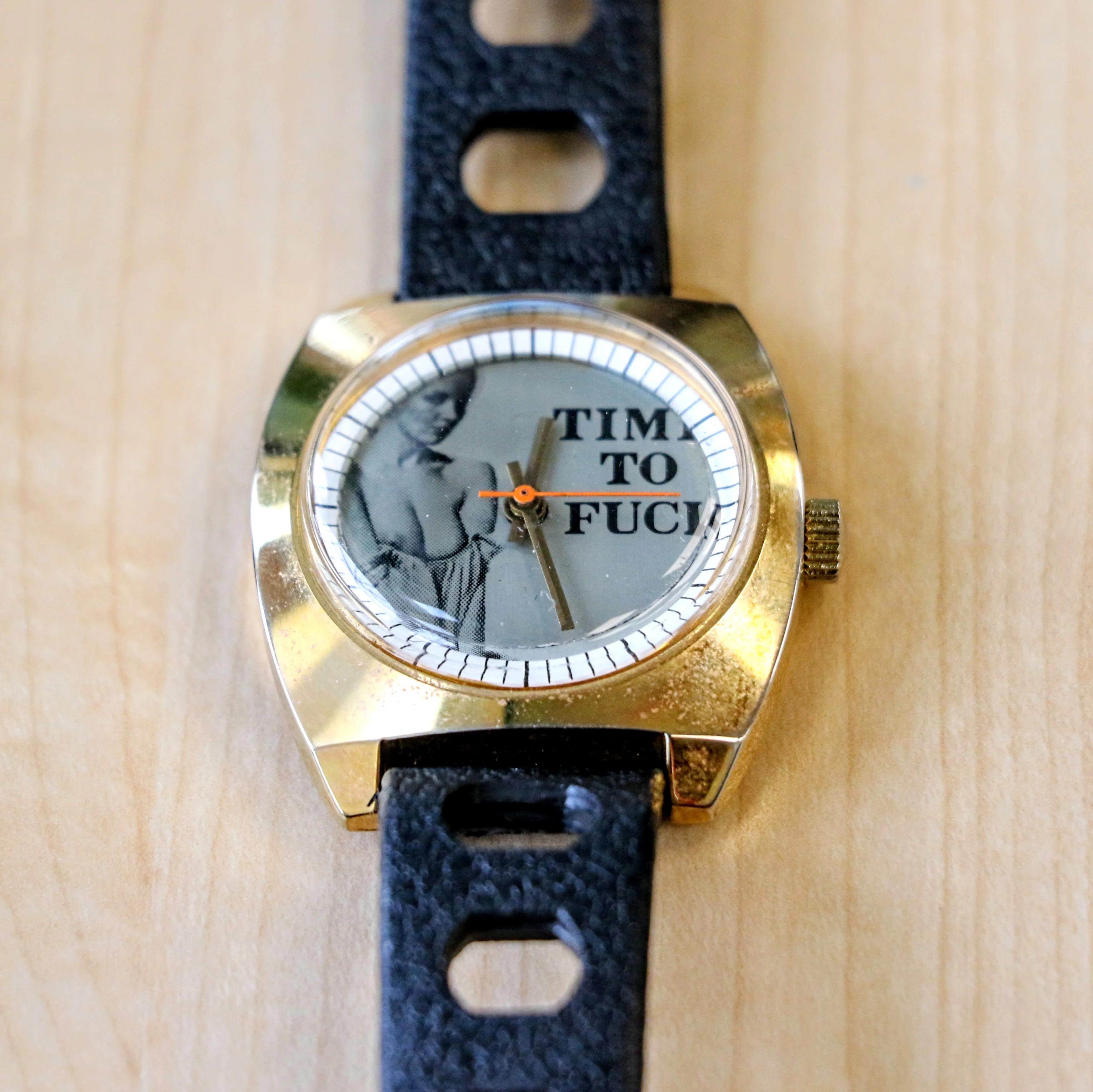 NOS Vintage Erotic Mechanical Watch "TIME TO F--K" Cushion Case Wristwatch - Image 6