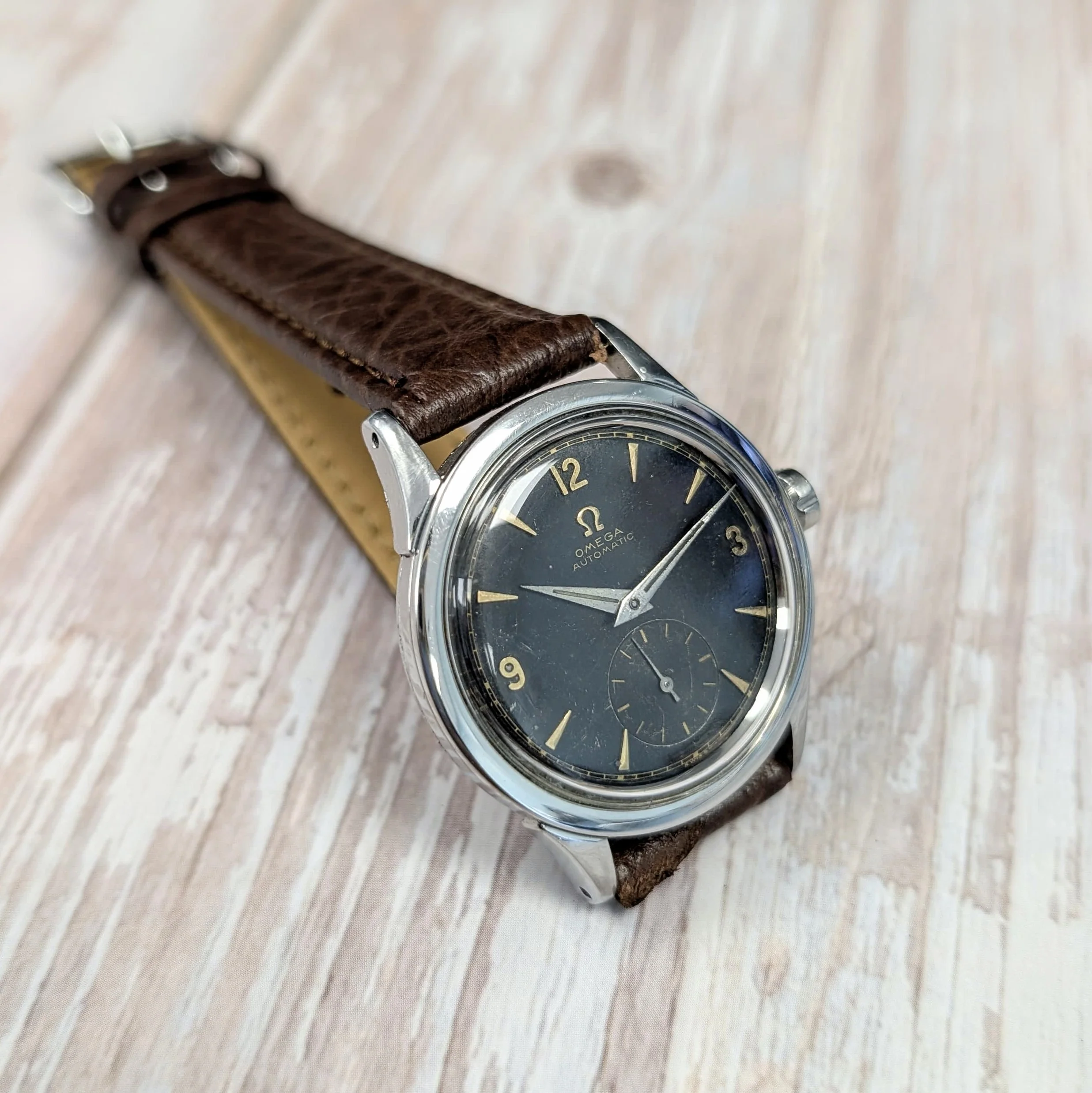 1954 Omega Automatic Watch Cal. 490 17 Jewels Wristwatch 34mm S.S. Black Dial - Image 10