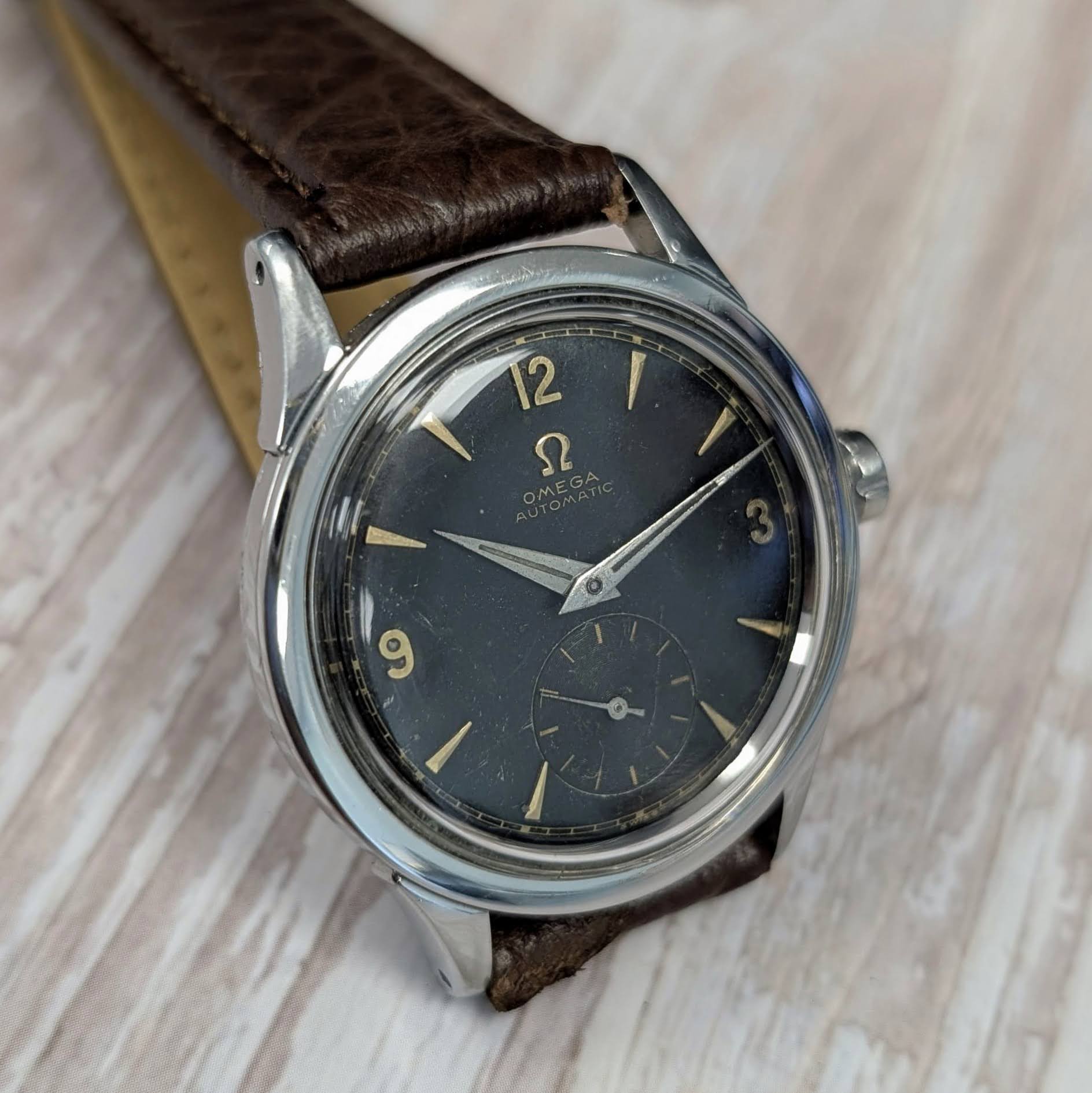 1954 Omega Automatic Watch Cal. 490 17 Jewels Wristwatch 34mm S.S. Black Dial - Image 11
