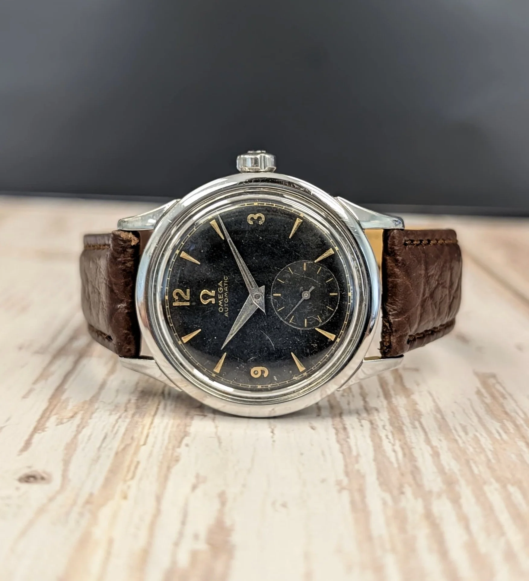 1954 Omega Automatic Watch Cal. 490 17 Jewels Wristwatch 34mm S.S. Black Dial - Image 12