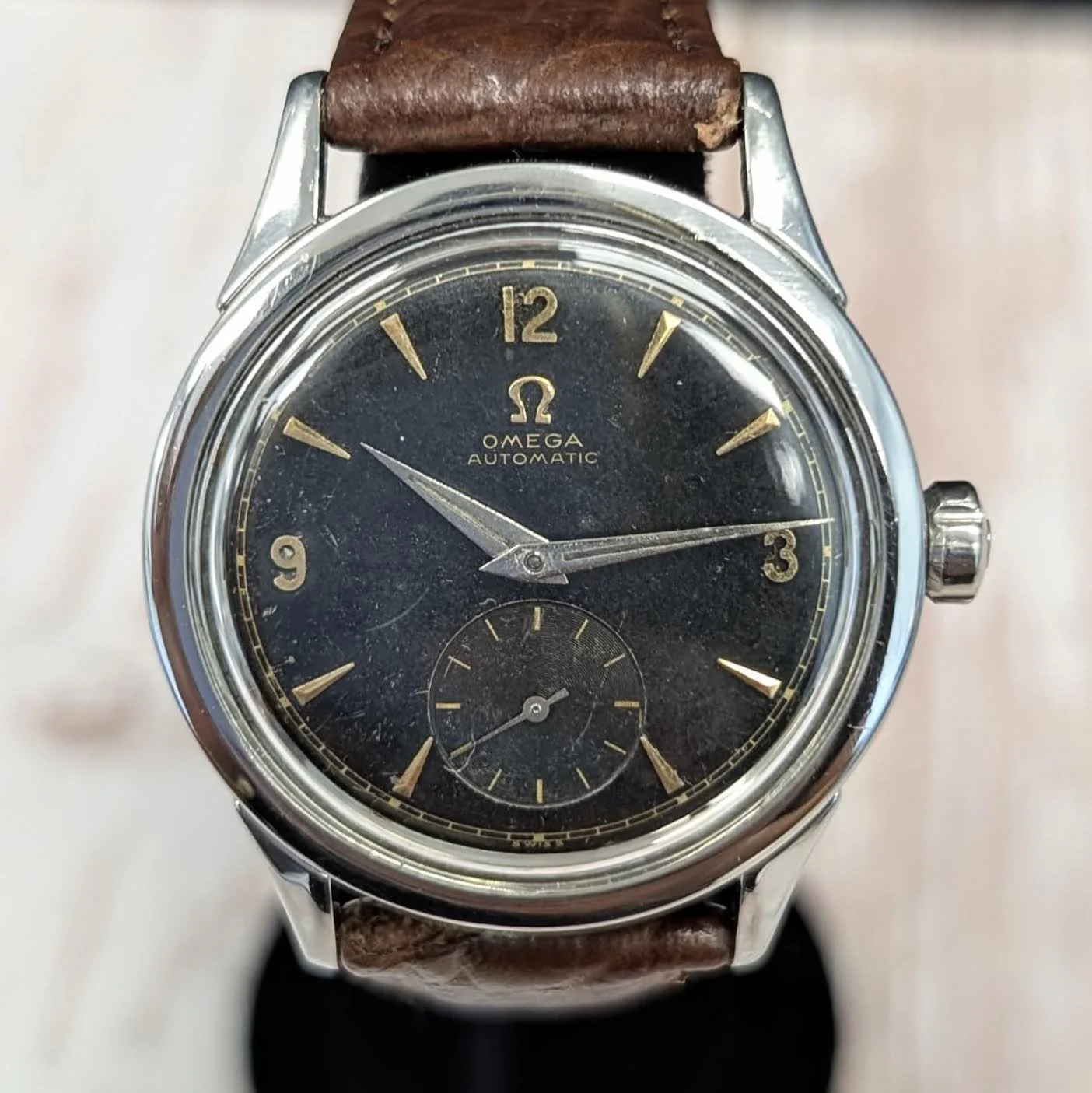 1954 Omega Automatic Watch Cal. 490 17 Jewels Wristwatch 34mm S.S. Black Dial - Image 3