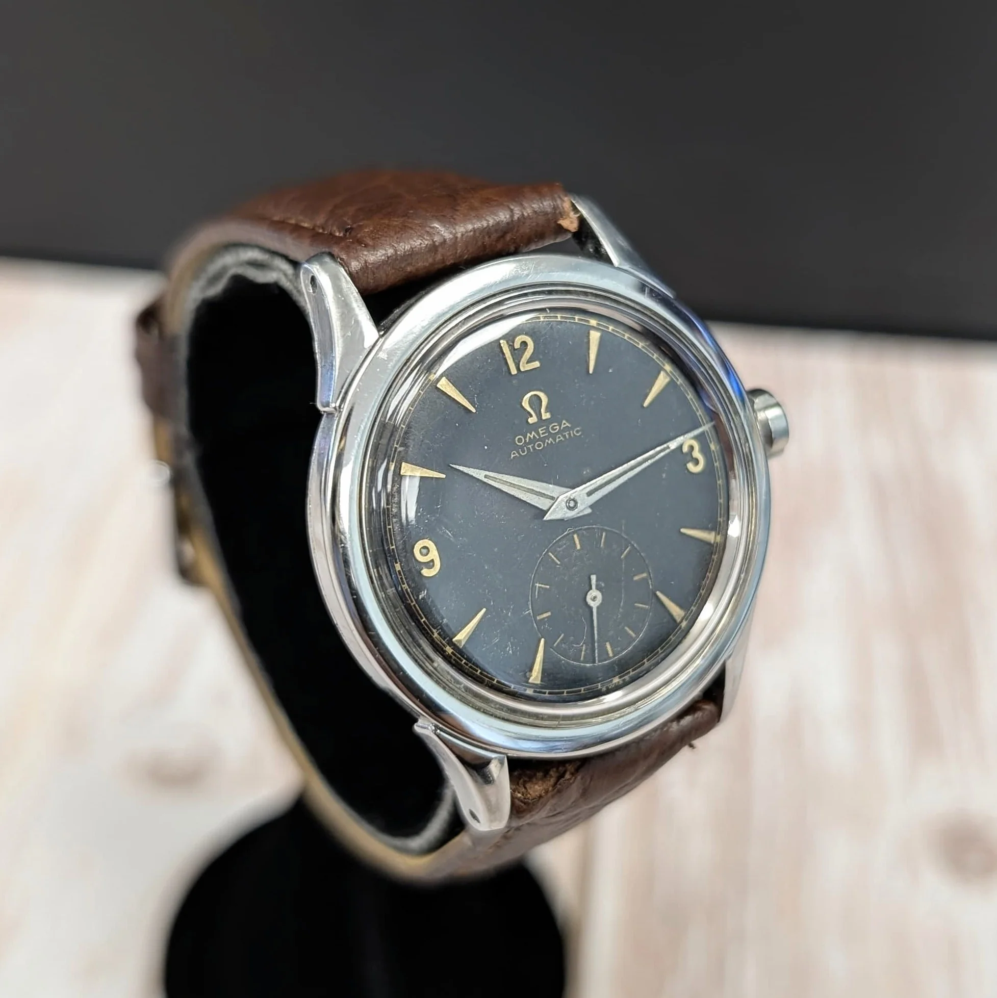 1954 Omega Automatic Watch Cal. 490 17 Jewels Wristwatch 34mm S.S. Black Dial - Image 6