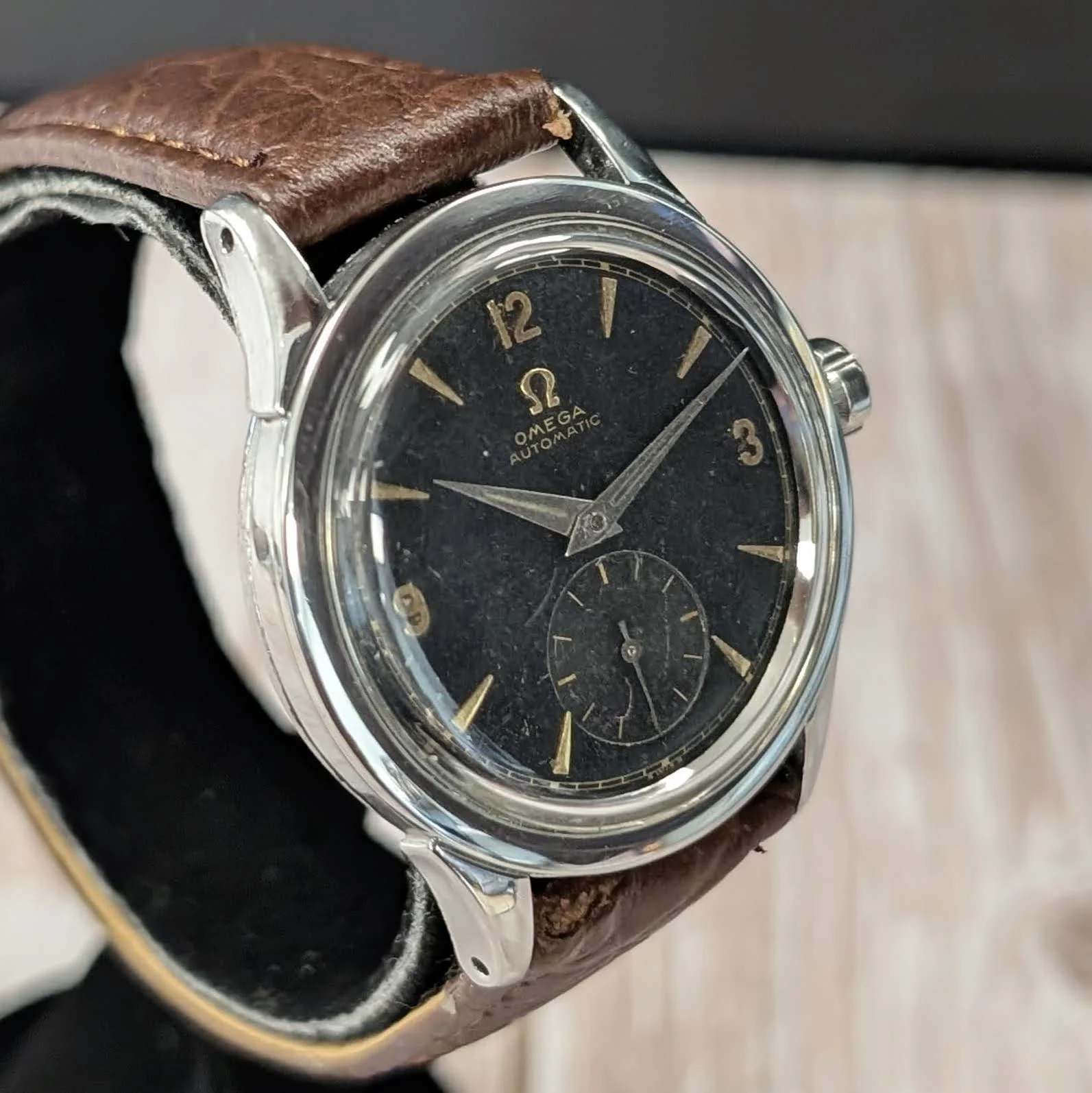 1954 Omega Automatic Watch Cal. 490 17 Jewels Wristwatch 34mm S.S. Black Dial - Image 7