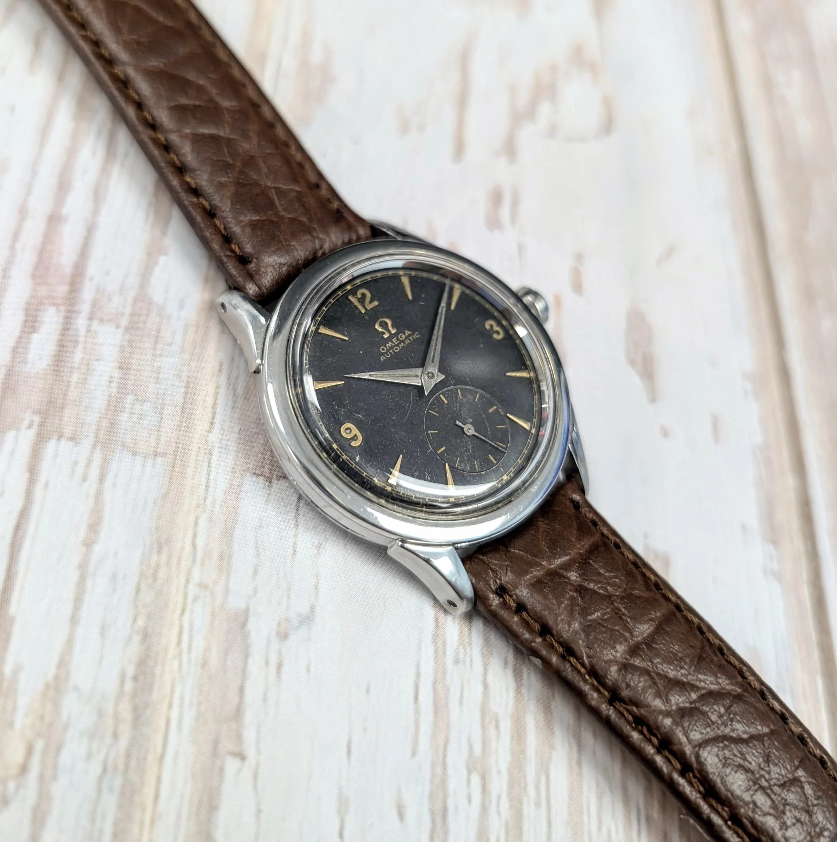 1954 Omega Automatic Watch Cal. 490 17 Jewels Wristwatch 34mm S.S. Black Dial - Image 9