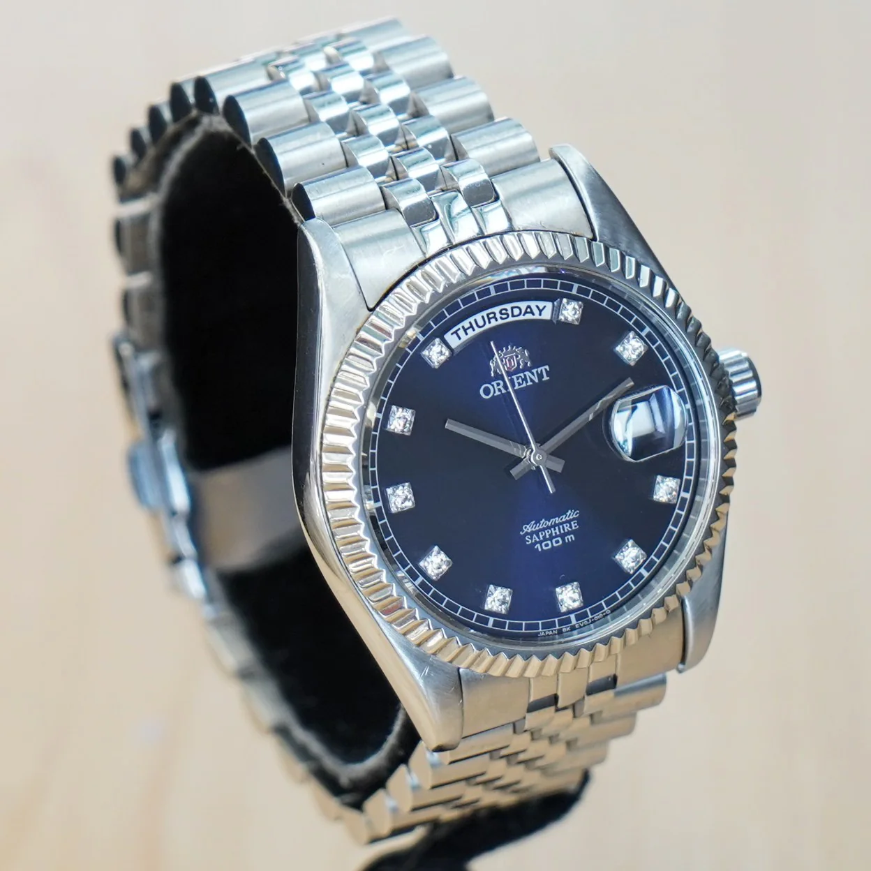 ORIENT Automatic Sapphire Watch President Oyster Ref. EV0J-C0-B Wristwatch Blue & Diamond Dial - Image 6