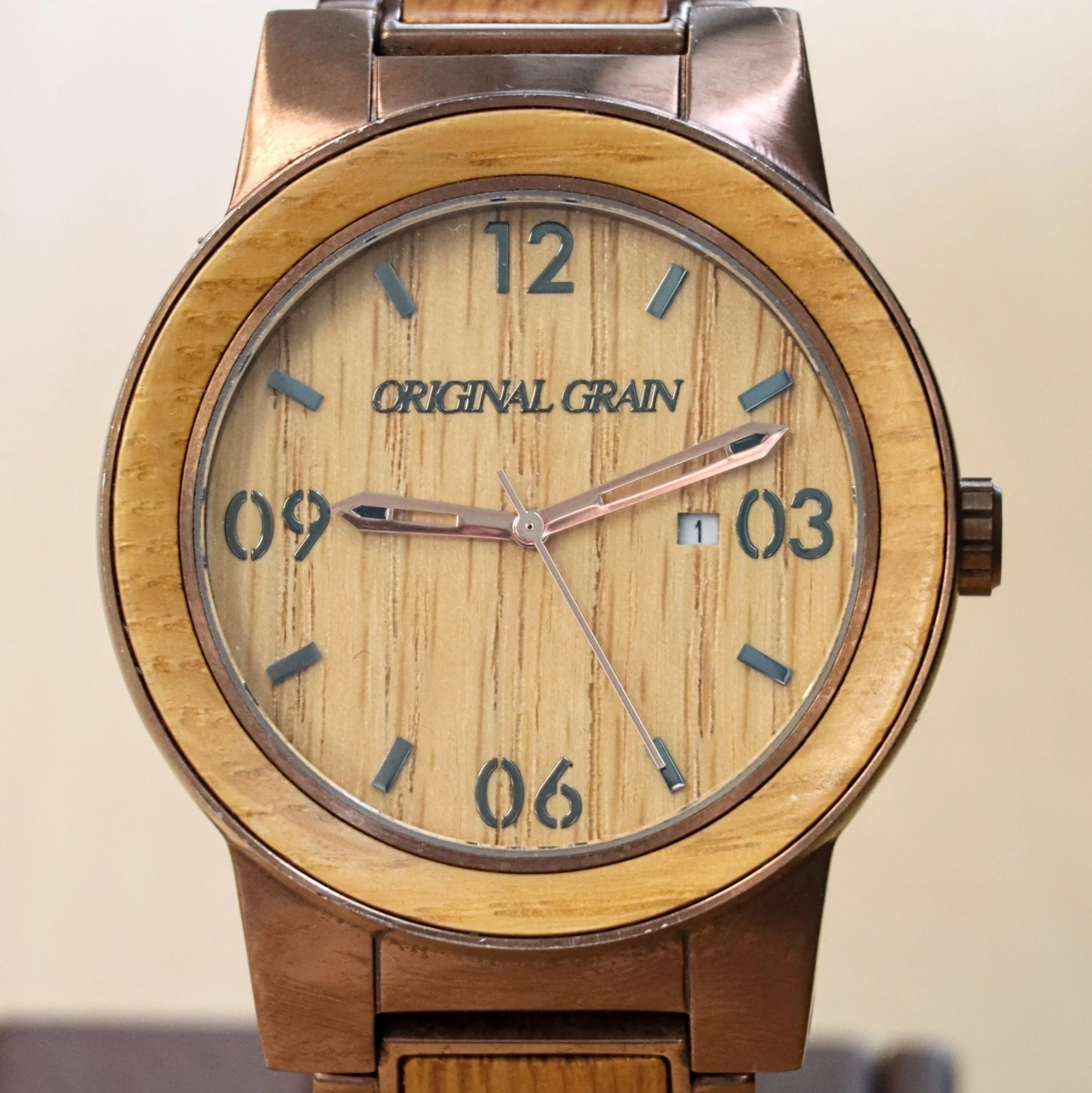 ORIGINAL GRAIN Wood Watch "The Barrel" Date Indicator 46mm Wristwatch S.S. - Image 3