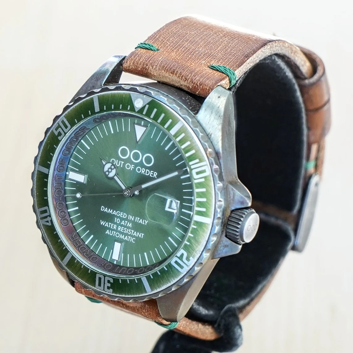 OUT OF ORDER Automatico Green Watch Date Wristwatch - ALL Original 2 Bands Box & Papers - Image 4