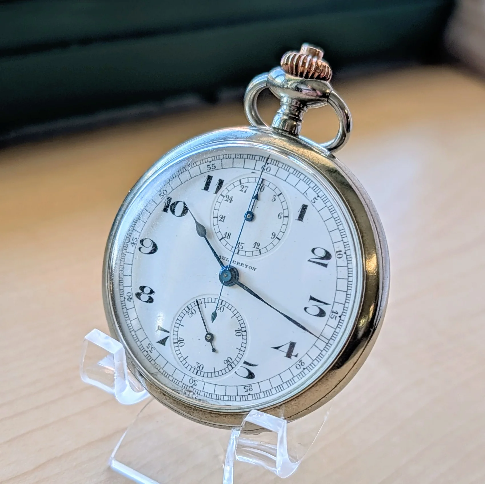 Paul Breton Monospusher Chronograph Pocket Watch Openface Swiss Made 3 Adj's 13 Jewels - Image 3