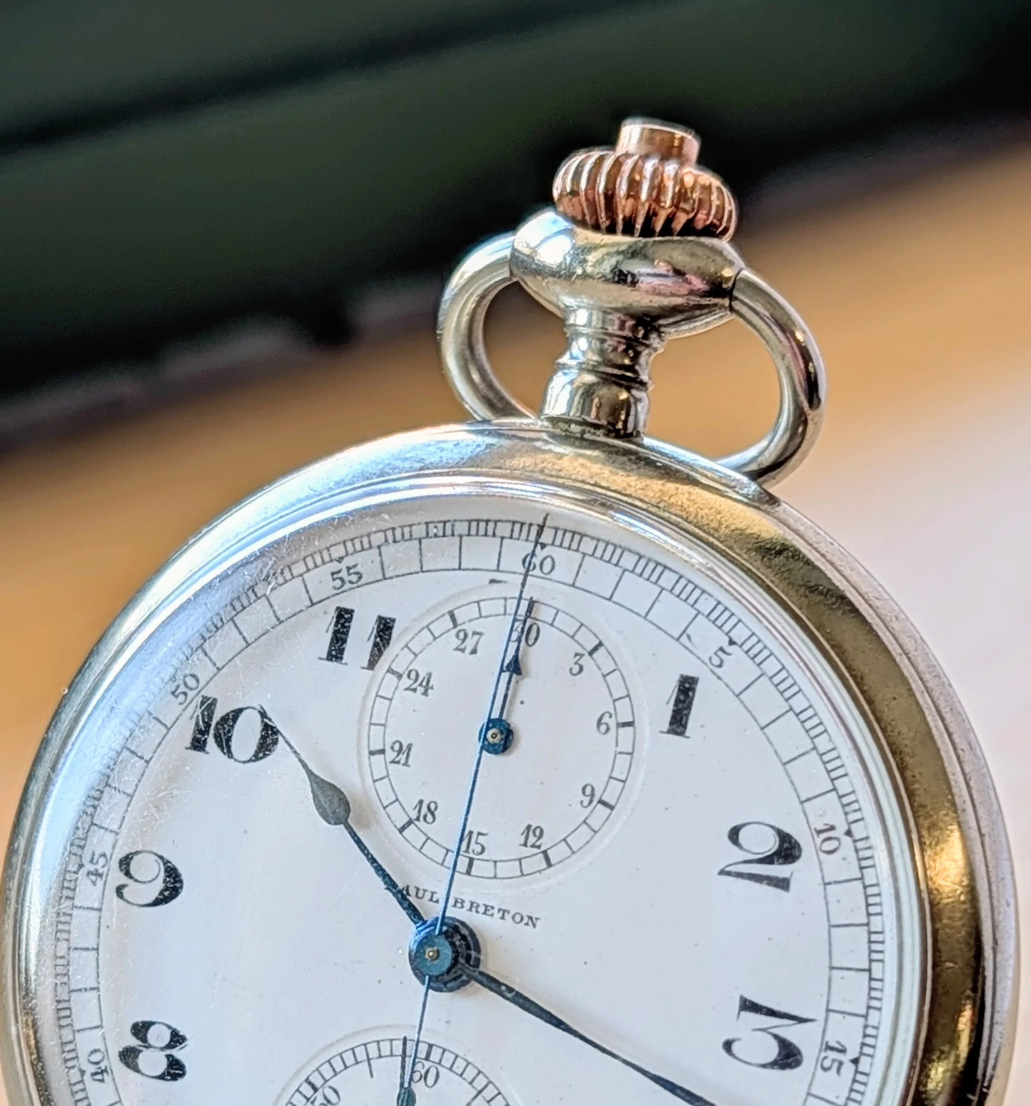 Paul Breton Monospusher Chronograph Pocket Watch Openface Swiss Made 3 Adj's 13 Jewels - Image 4