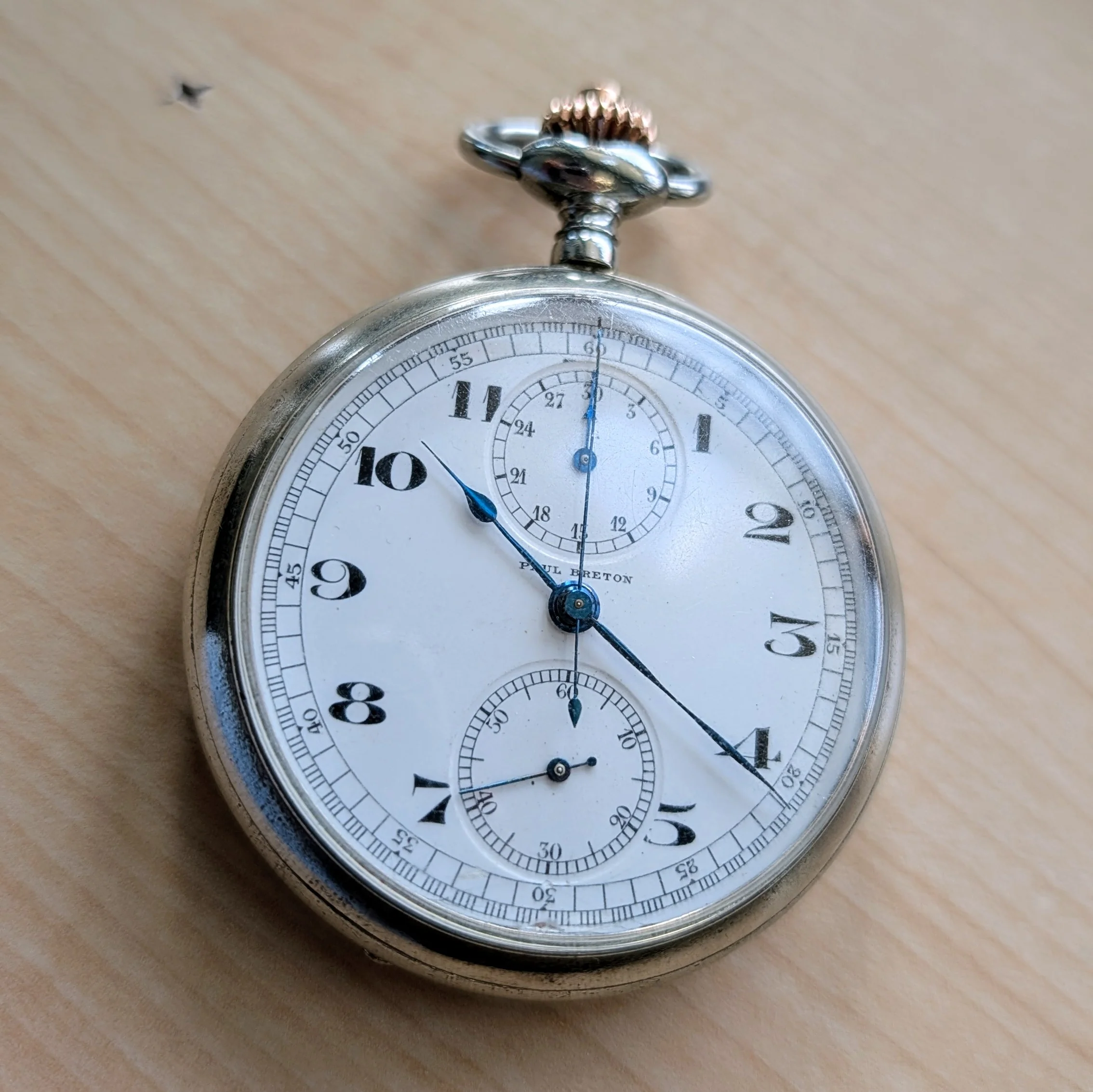 Paul Breton Monospusher Chronograph Pocket Watch Openface Swiss Made 3 Adj's 13 Jewels - Image 9