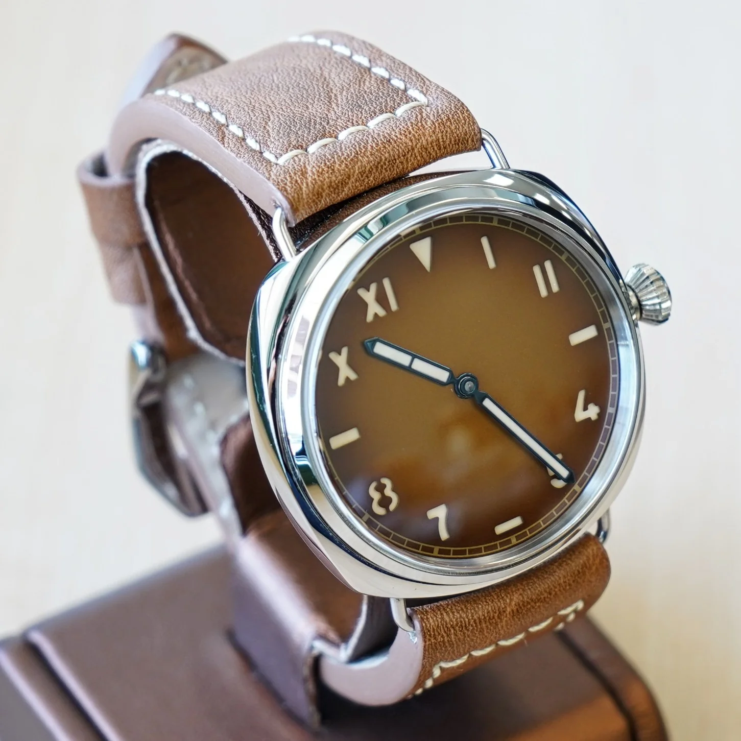 "PILOT MILITARY" Homage Watch Brown Dial Display Back Wristwatch 44mm - Image 3