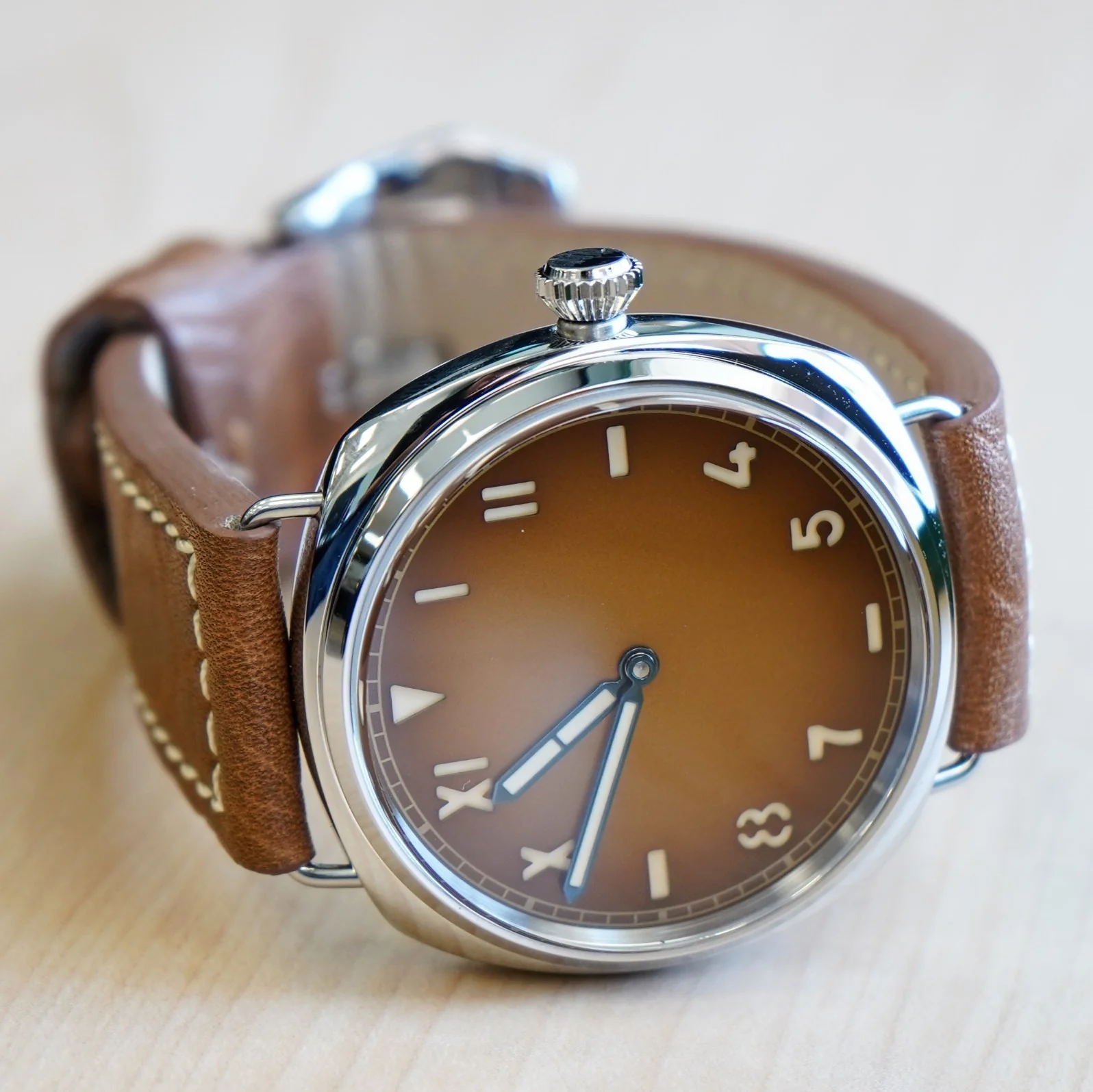 "PILOT MILITARY" Homage Watch Brown Dial Display Back Wristwatch 44mm - Image 9