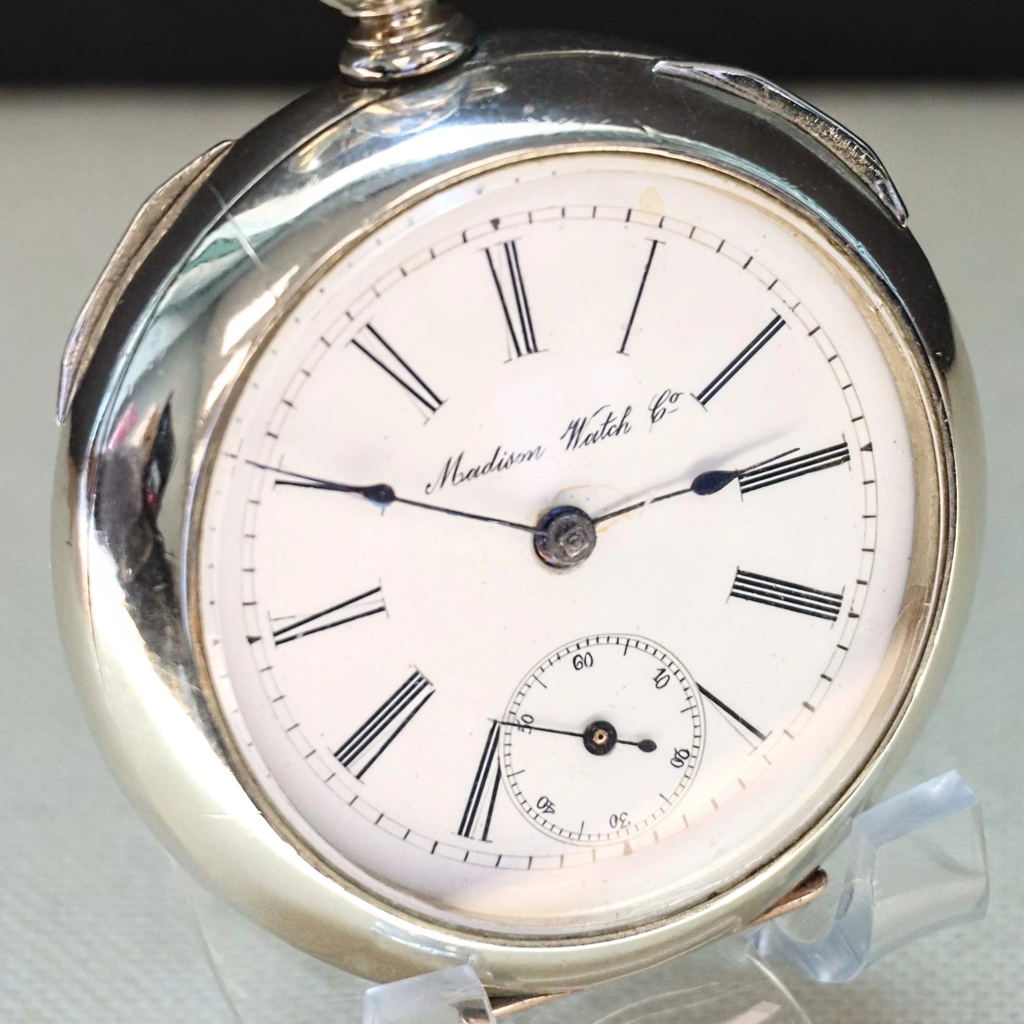 RARE! 1900s Madison Watch Co. Pocket Watch 18s Openface Key Wind Silveroid - Image 2