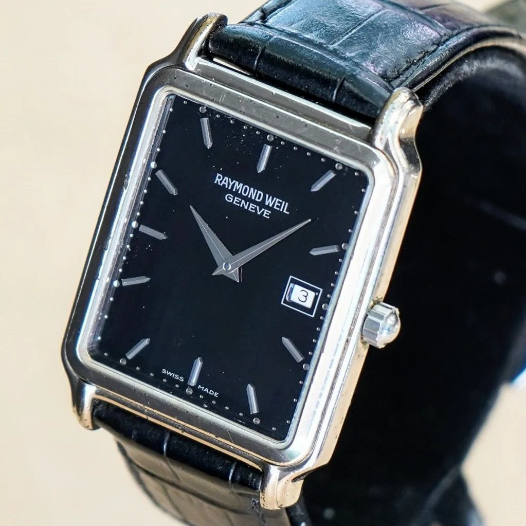 Raymond Weil Geneve Watch Ref. 5572 Date Tank S.S. Wristwatch w/ Original Strap